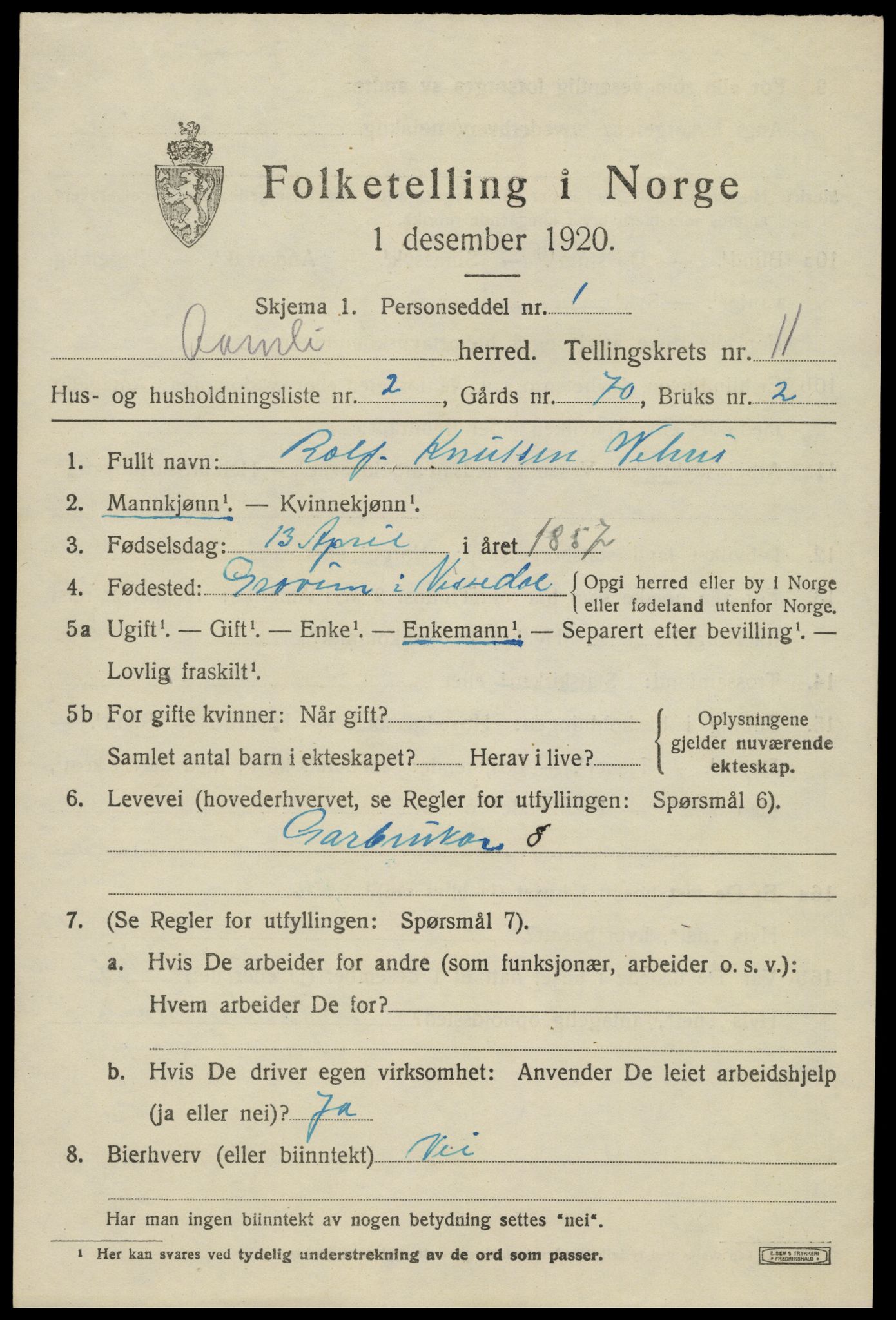 SAK, 1920 census for Åmli, 1920, p. 4205