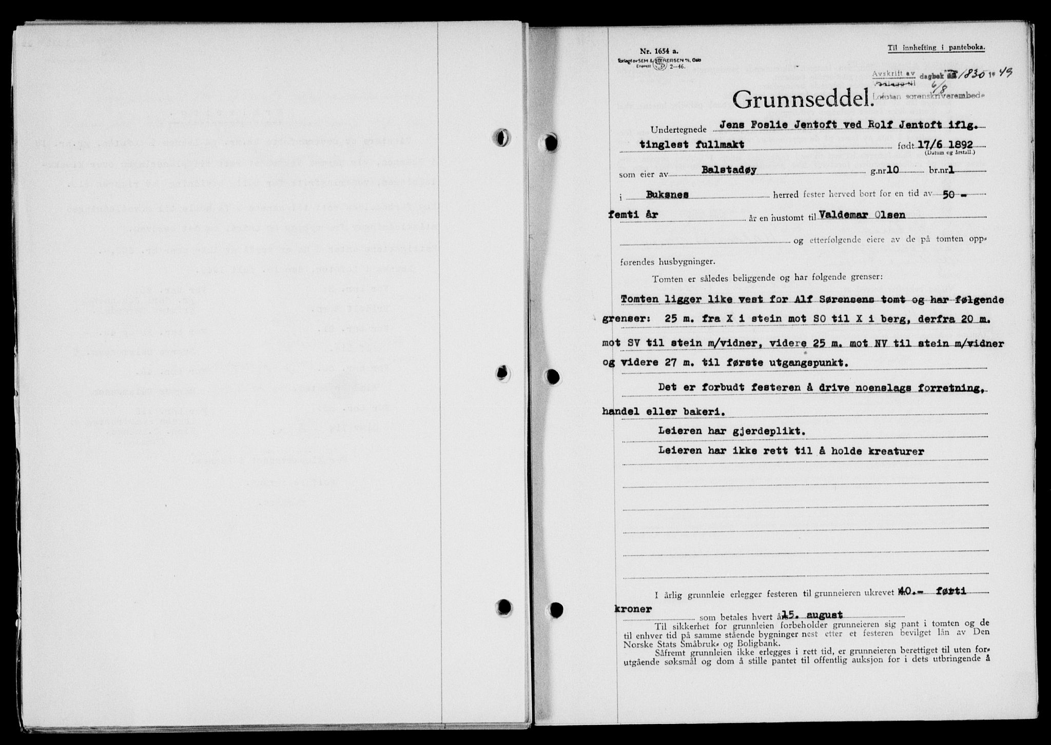 Lofoten sorenskriveri, SAT/A-0017/1/2/2C/L0021a: Mortgage book no. 21a, 1949-1949, Diary no: : 1830/1949