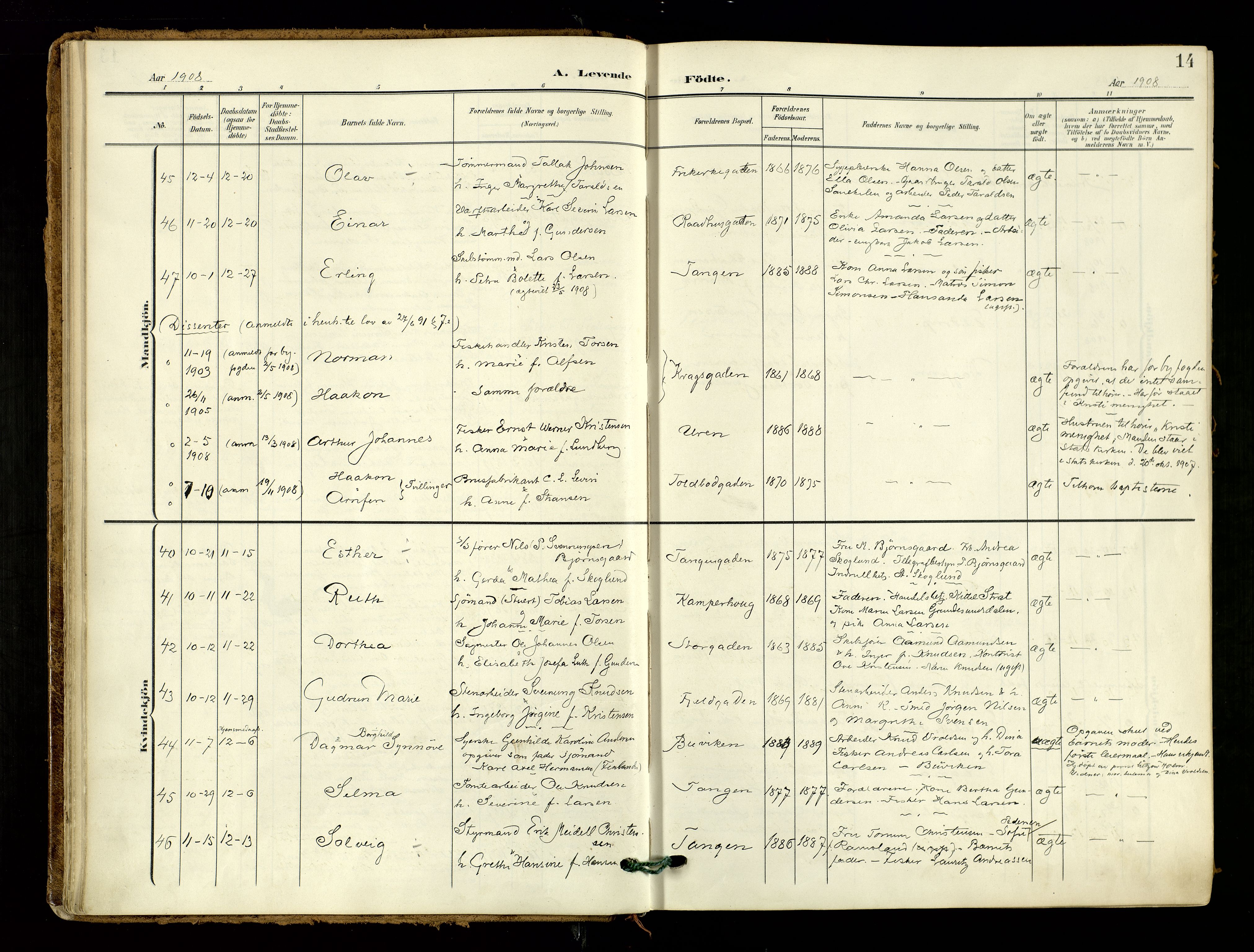 Risør sokneprestkontor, AV/SAK-1111-0035/F/Fa/L0011: Parish register (official) no. A 11, 1907-1920, p. 14