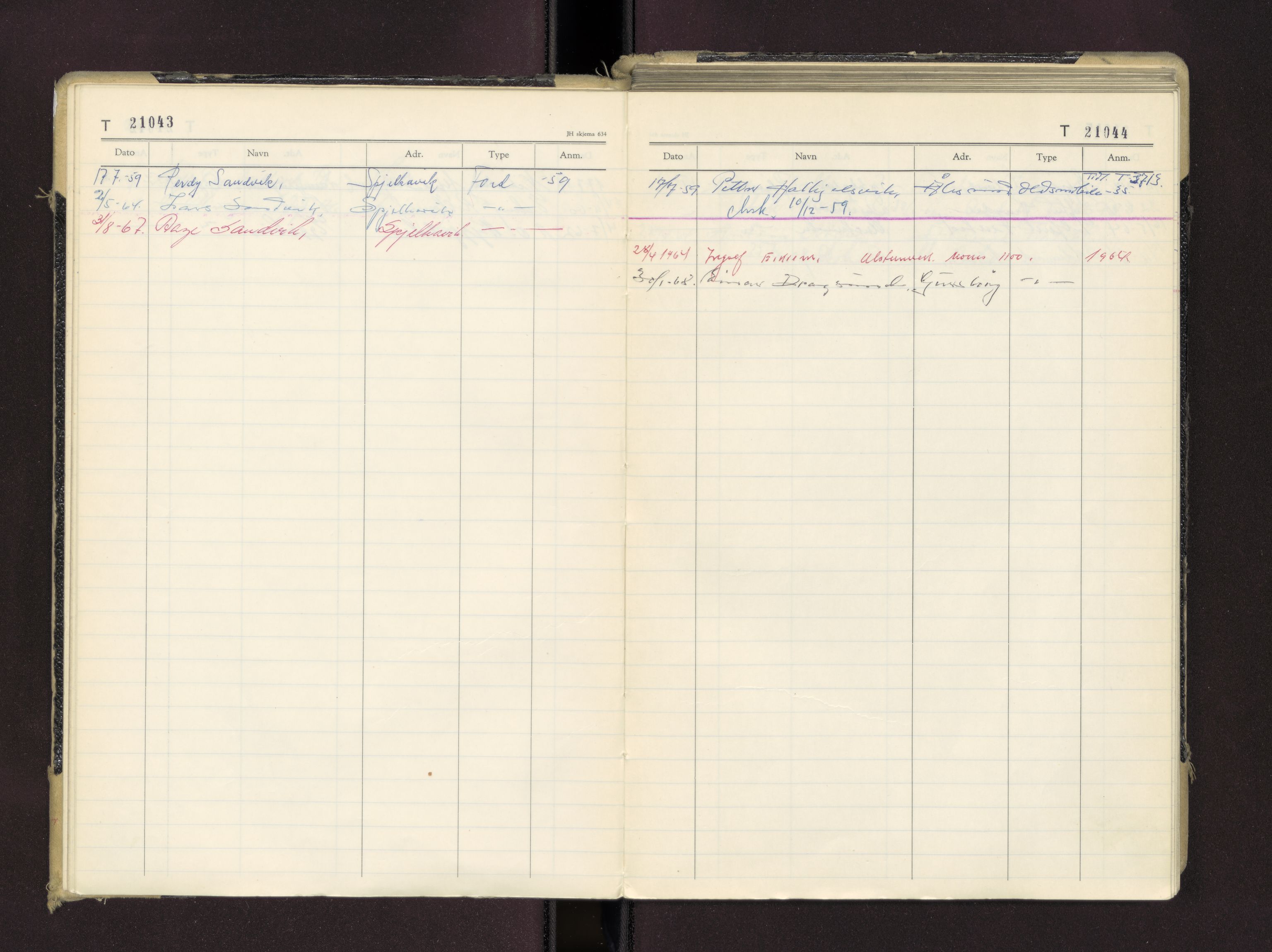 Møre og Romsdal vegkontor - Ålesund trafikkstasjon, AV/SAT-A-4099/F/Fc/L0016: Bilregister; T 21000 - T 21499, 1955-1970