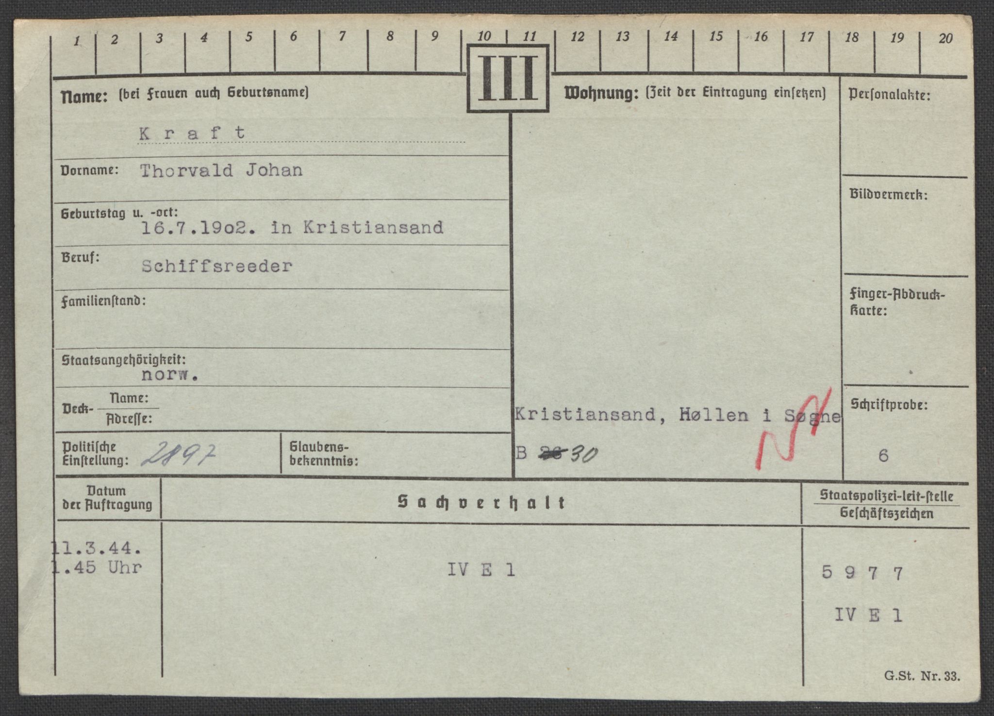Befehlshaber der Sicherheitspolizei und des SD, RA/RAFA-5969/E/Ea/Eaa/L0006: Register over norske fanger i Møllergata 19: Kj-Lund, 1940-1945, p. 284