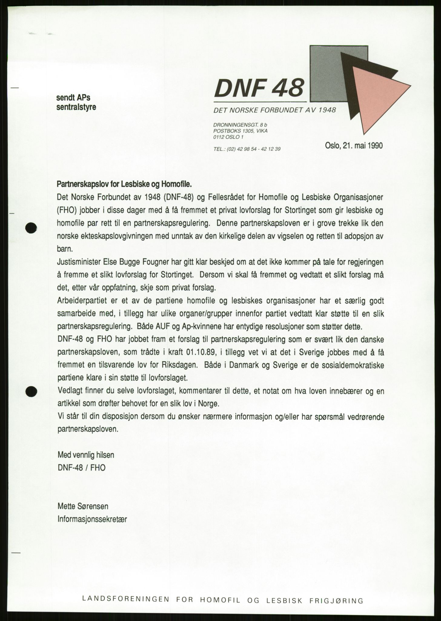 Det Norske Forbundet av 1948/Landsforeningen for Lesbisk og Homofil Frigjøring, AV/RA-PA-1216/D/Da/L0001: Partnerskapsloven, 1990-1993, p. 821