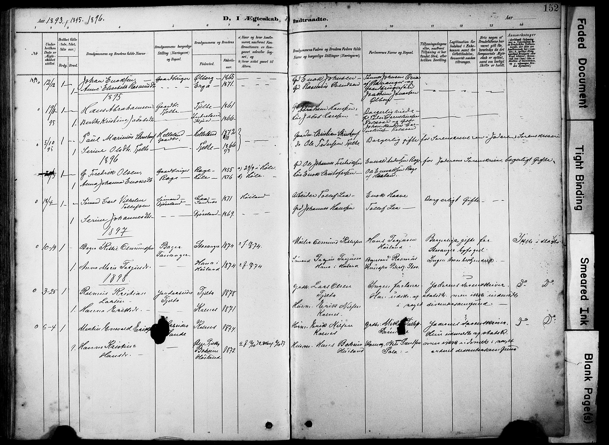 Håland sokneprestkontor, AV/SAST-A-101802/001/30BA/L0012: Parish register (official) no. A 11, 1889-1900, p. 152