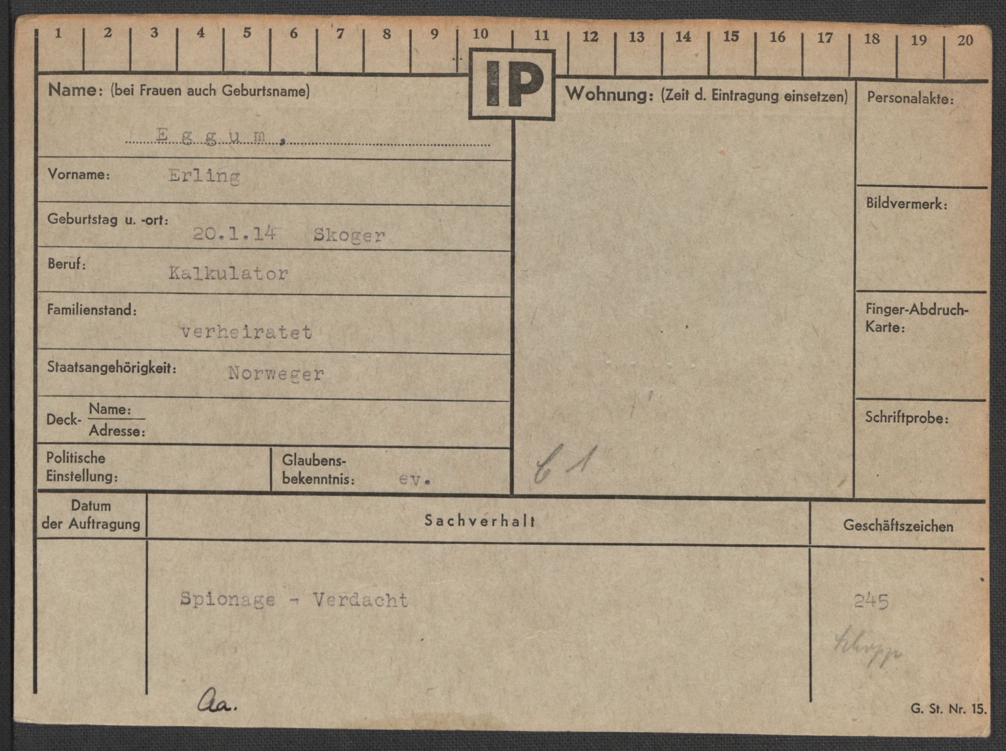 Befehlshaber der Sicherheitspolizei und des SD, AV/RA-RAFA-5969/E/Ea/Eaa/L0002: Register over norske fanger i Møllergata 19: Bj-Eng, 1940-1945, p. 1215