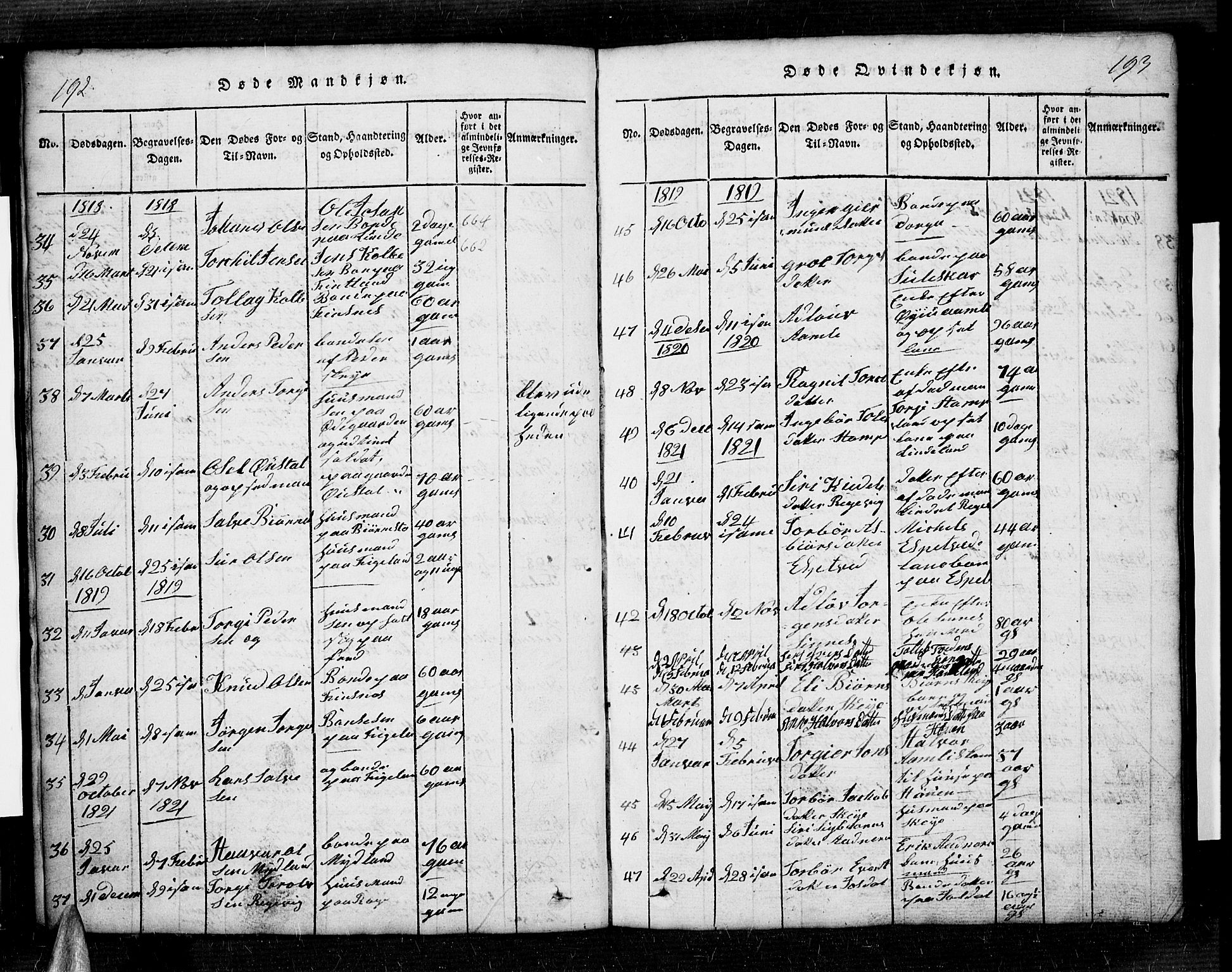 Sirdal sokneprestkontor, SAK/1111-0036/F/Fb/Fbb/L0001: Parish register (copy) no. B 1, 1815-1834, p. 192-193