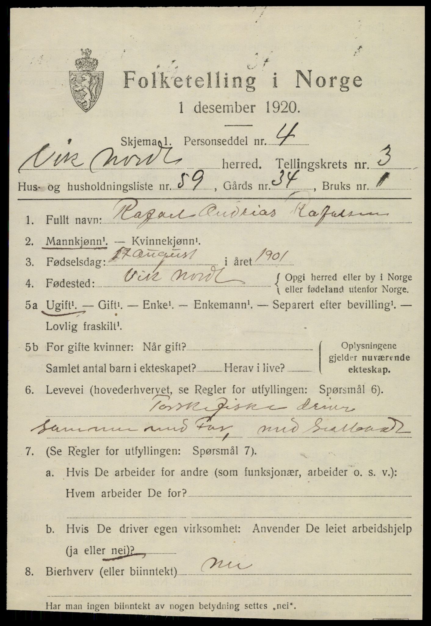 SAT, 1920 census for Vik, 1920, p. 2363