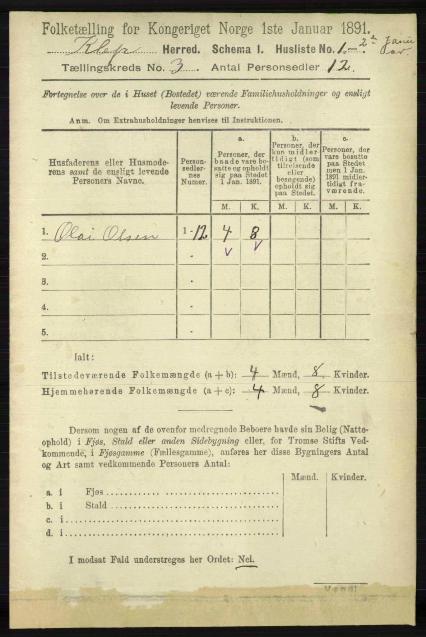 RA, 1891 census for 1120 Klepp, 1891, p. 591