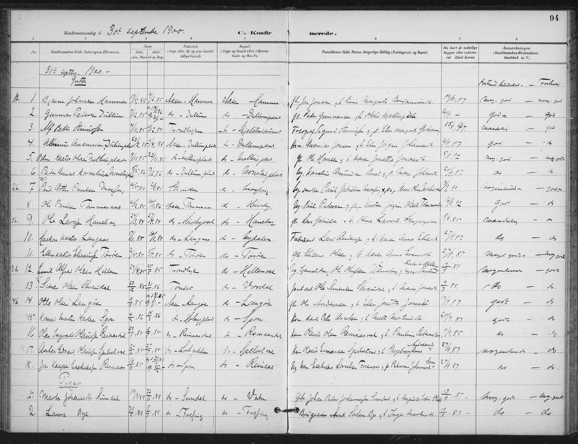 Ministerialprotokoller, klokkerbøker og fødselsregistre - Nord-Trøndelag, AV/SAT-A-1458/714/L0131: Parish register (official) no. 714A02, 1896-1918, p. 94