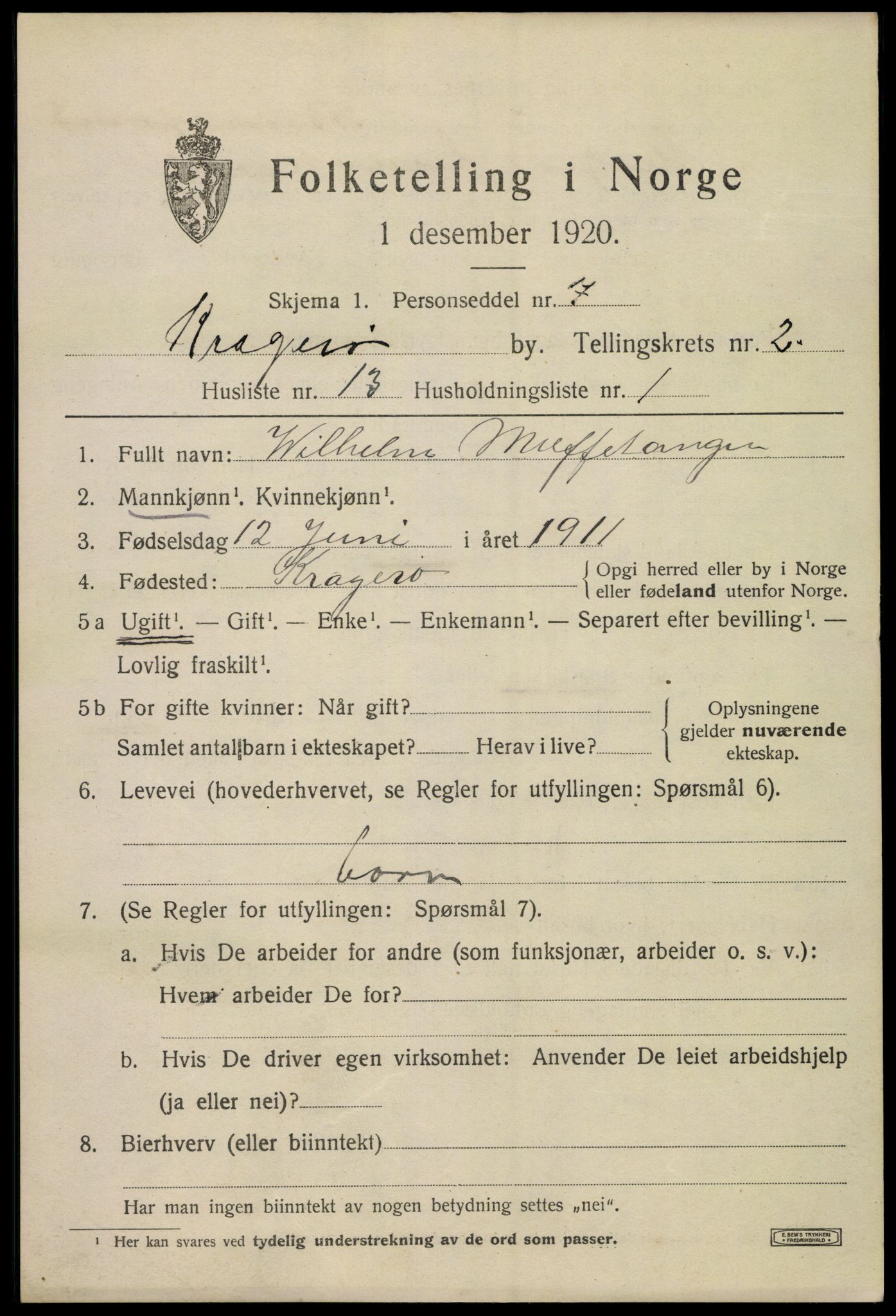 SAKO, 1920 census for Kragerø, 1920, p. 5461