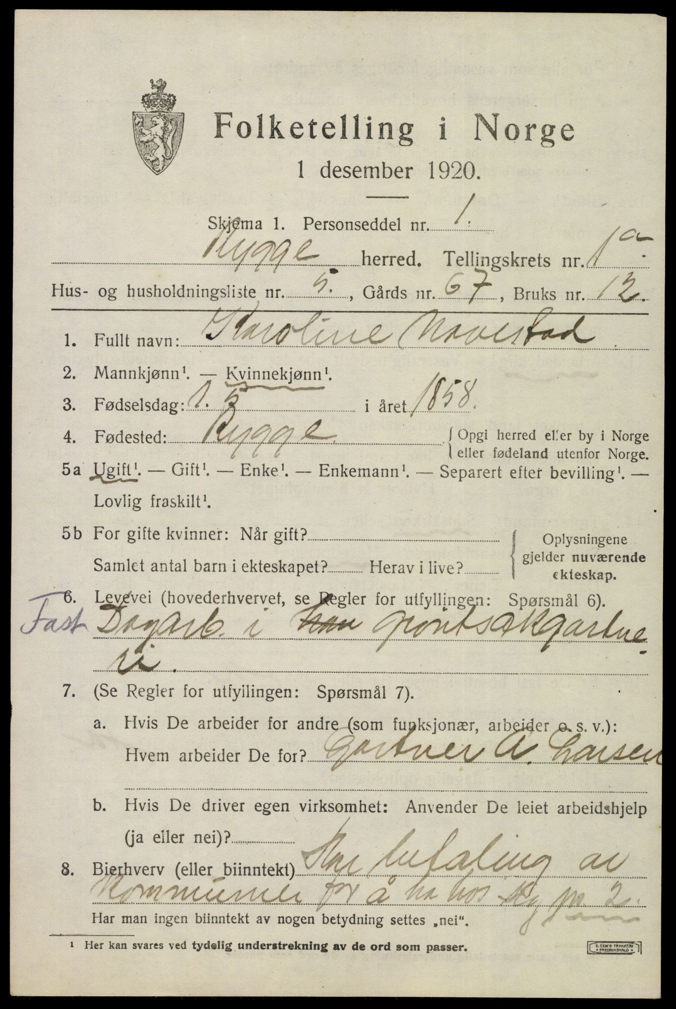 SAO, 1920 census for Rygge, 1920, p. 4157