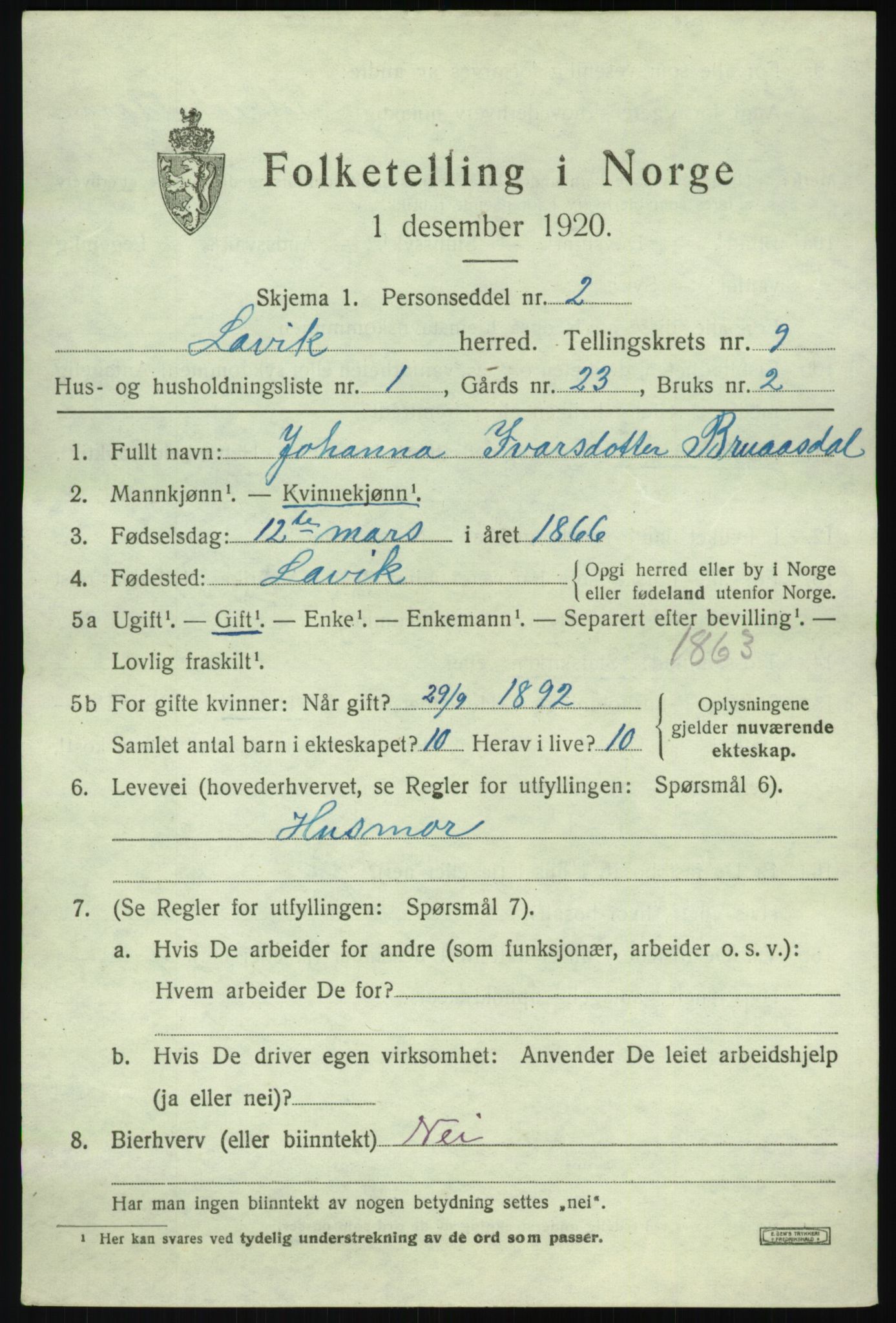 SAB, 1920 census for Lavik, 1920, p. 1908