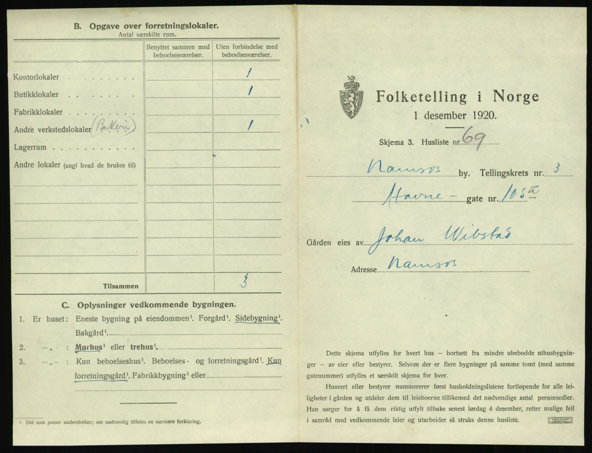 SAT, 1920 census for Namsos, 1920, p. 399