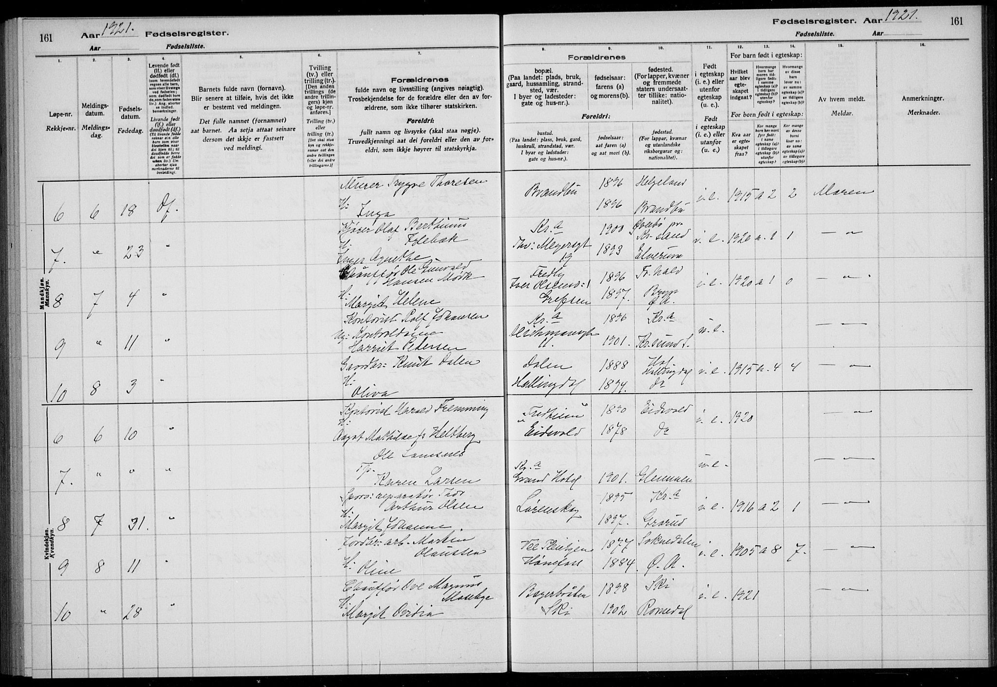 Rikshospitalet prestekontor Kirkebøker, AV/SAO-A-10309b/J/L0006: Birth register no. 6, 1921-1921, p. 161