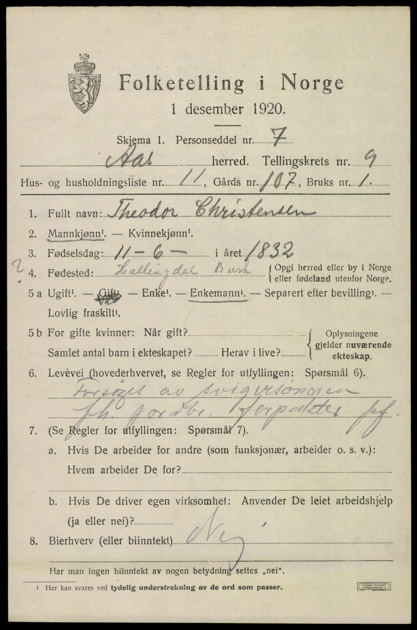 SAO, 1920 census for Ås, 1920, p. 8458