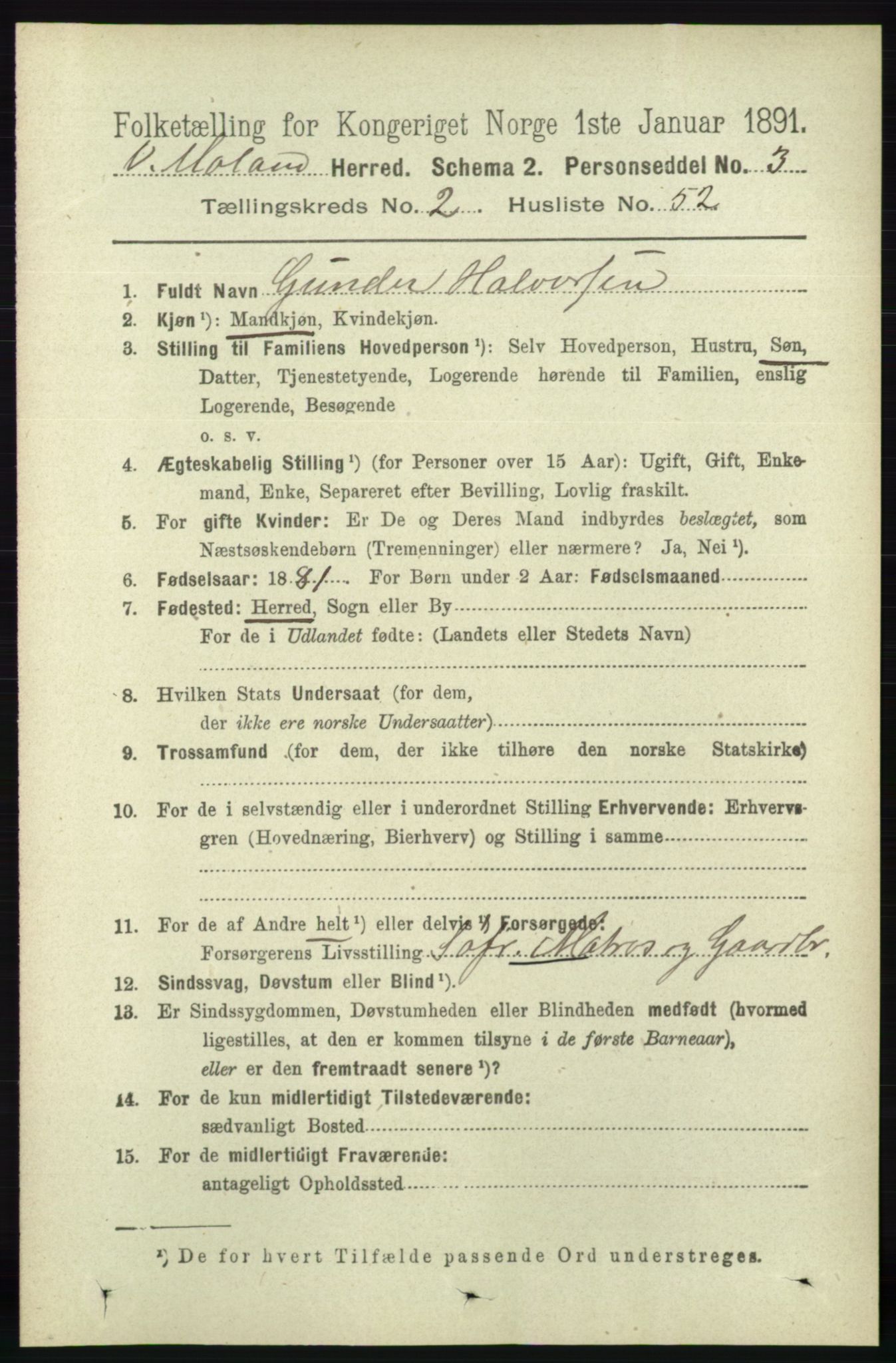 RA, 1891 census for 0926 Vestre Moland, 1891, p. 897