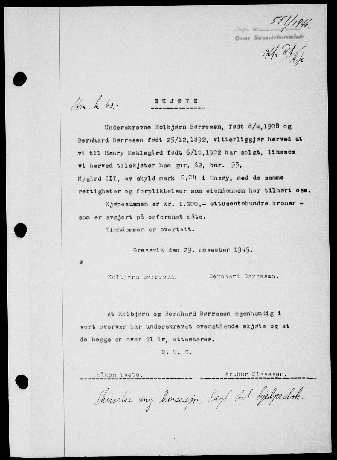 Onsøy sorenskriveri, SAO/A-10474/G/Ga/Gab/L0015: Mortgage book no. II A-15, 1945-1946, Diary no: : 551/1946