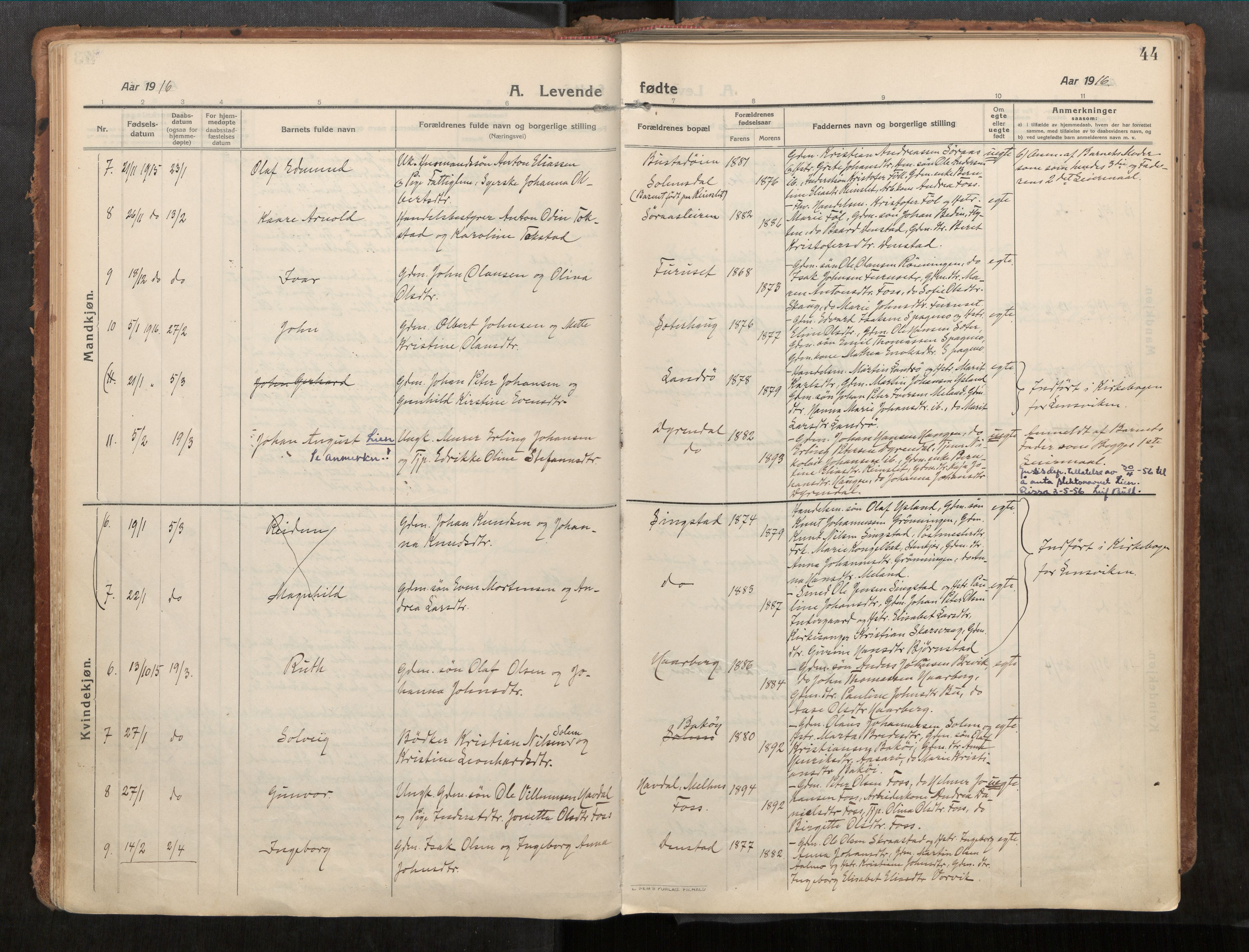 Stadsbygd sokneprestkontor, AV/SAT-A-1117/1/I/I1/I1a/L0001: Parish register (official) no. 1, 1911-1929, p. 44