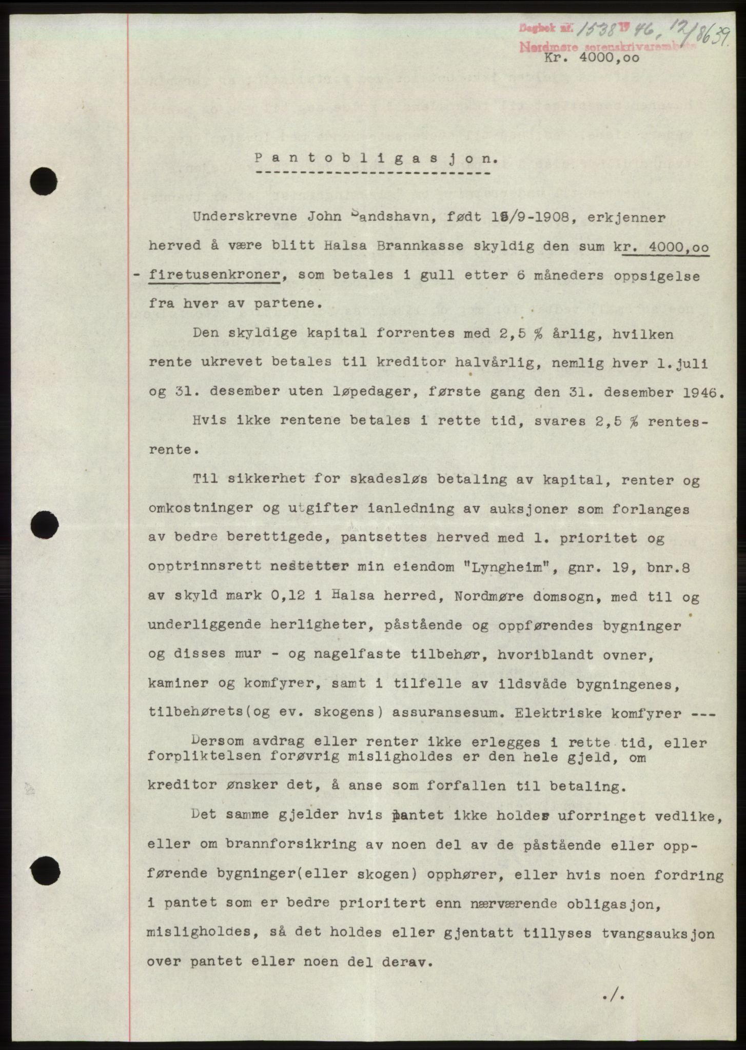 Nordmøre sorenskriveri, AV/SAT-A-4132/1/2/2Ca: Mortgage book no. B94, 1946-1946, Diary no: : 1538/1946