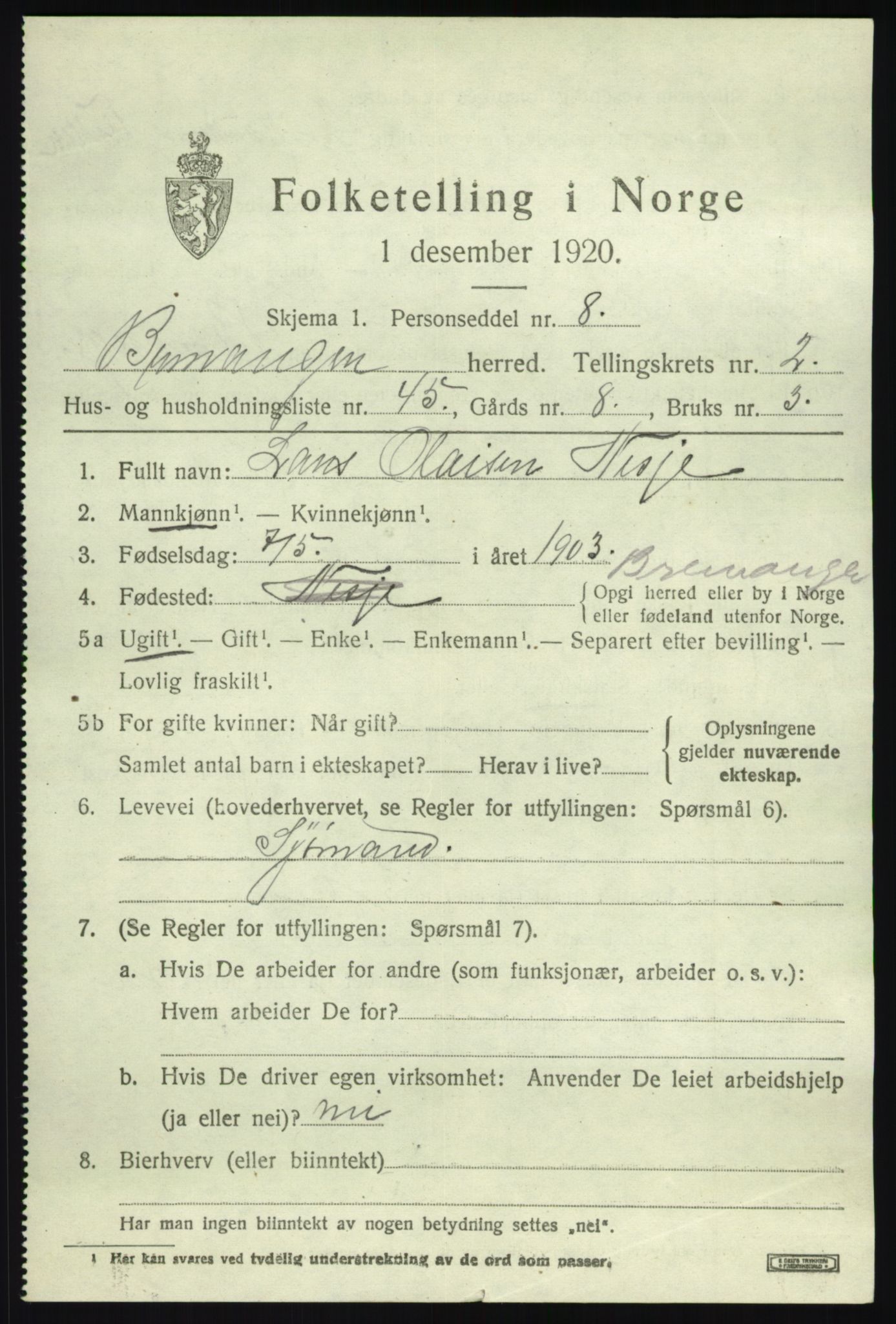 SAB, 1920 census for Bremanger, 1920, p. 2346