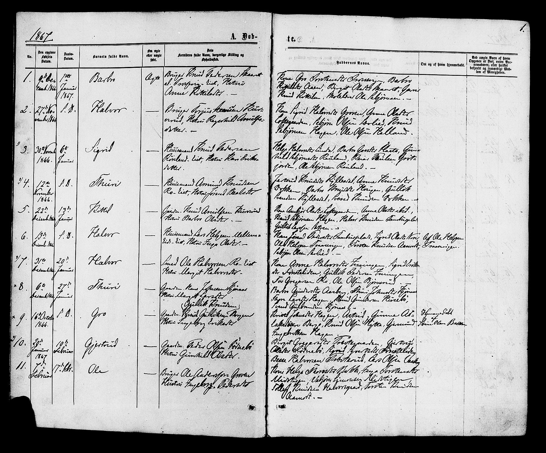 Nore kirkebøker, SAKO/A-238/F/Fa/L0004: Parish register (official) no. I 4, 1867-1877, p. 1
