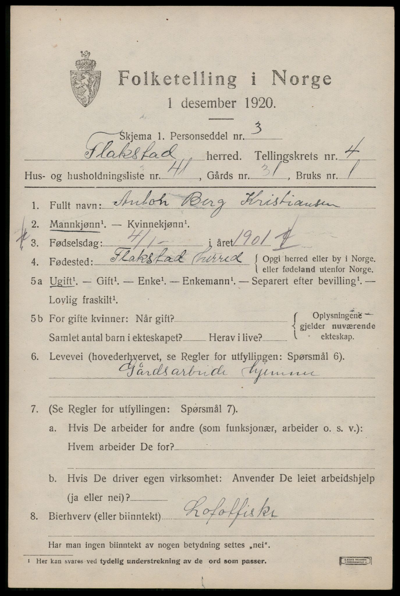 SAT, 1920 census for Flakstad, 1920, p. 3377