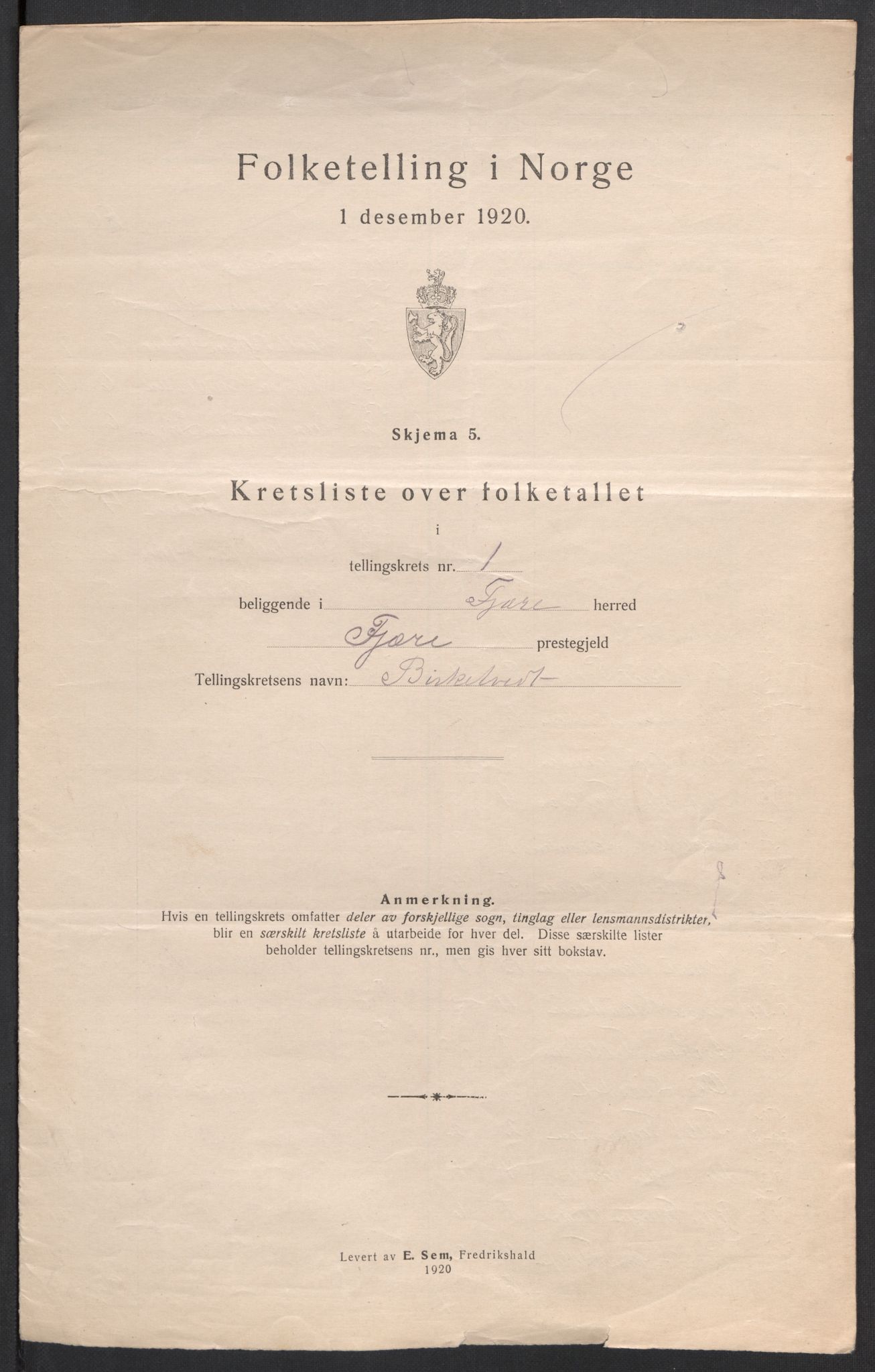 SAK, 1920 census for Fjære, 1920, p. 6