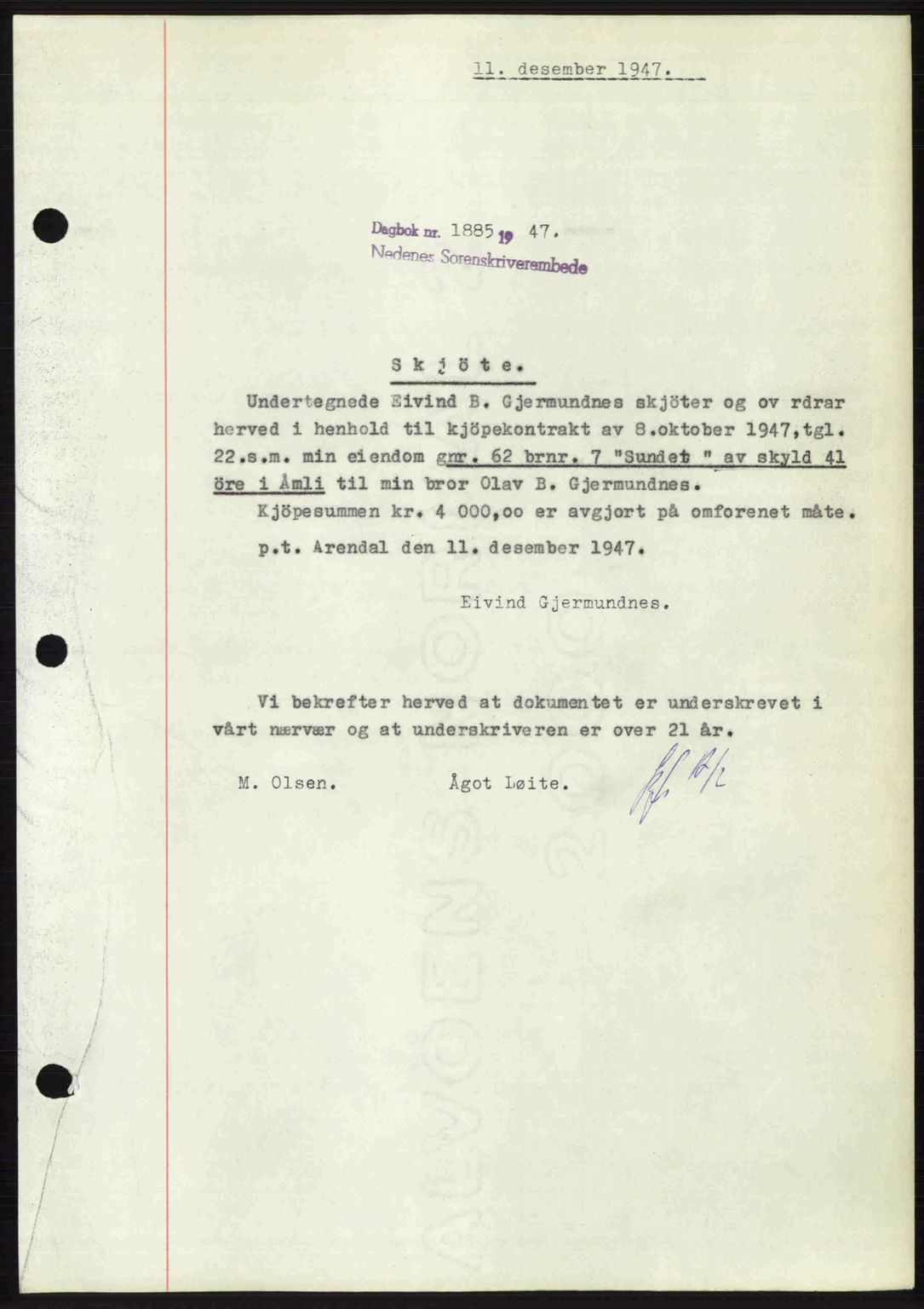 Nedenes sorenskriveri, AV/SAK-1221-0006/G/Gb/Gba/L0058: Mortgage book no. A10, 1947-1948, Diary no: : 1885/1947