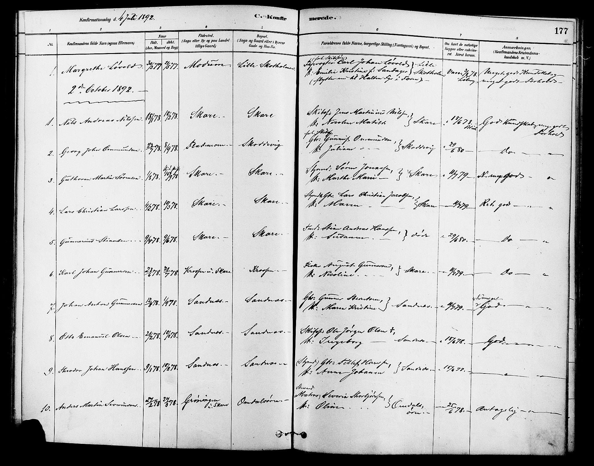 Tromøy sokneprestkontor, AV/SAK-1111-0041/F/Fa/L0009: Parish register (official) no. A 9, 1878-1896, p. 177