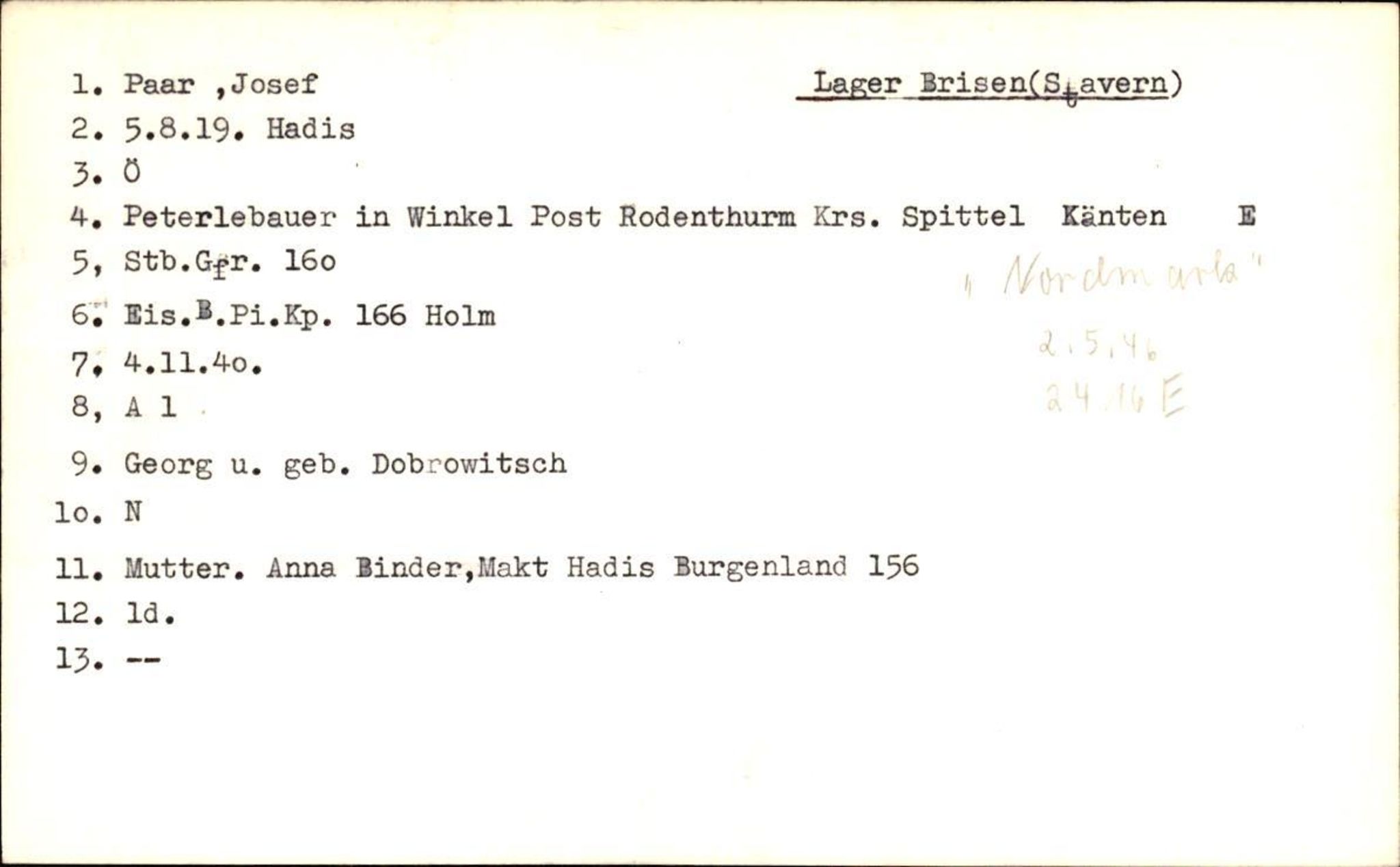 Hjemsendte tyskere , AV/RA-RAFA-6487/D/Db/L0020: Mülzet-Paülisch, 1945-1947, p. 1013