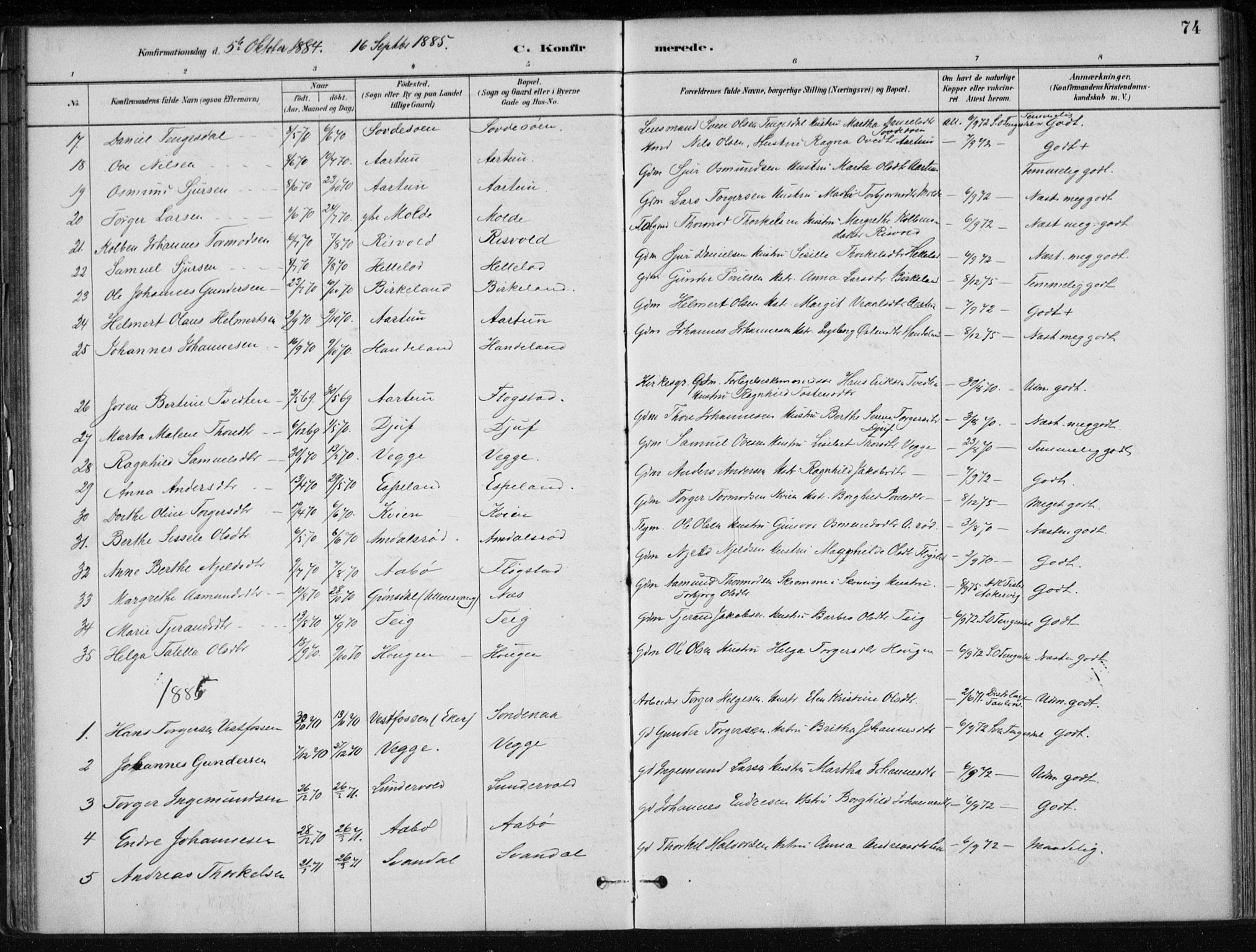 Sand sokneprestkontor, AV/SAST-A-101848/01/III/L0006: Parish register (official) no. A 6, 1880-1898, p. 74