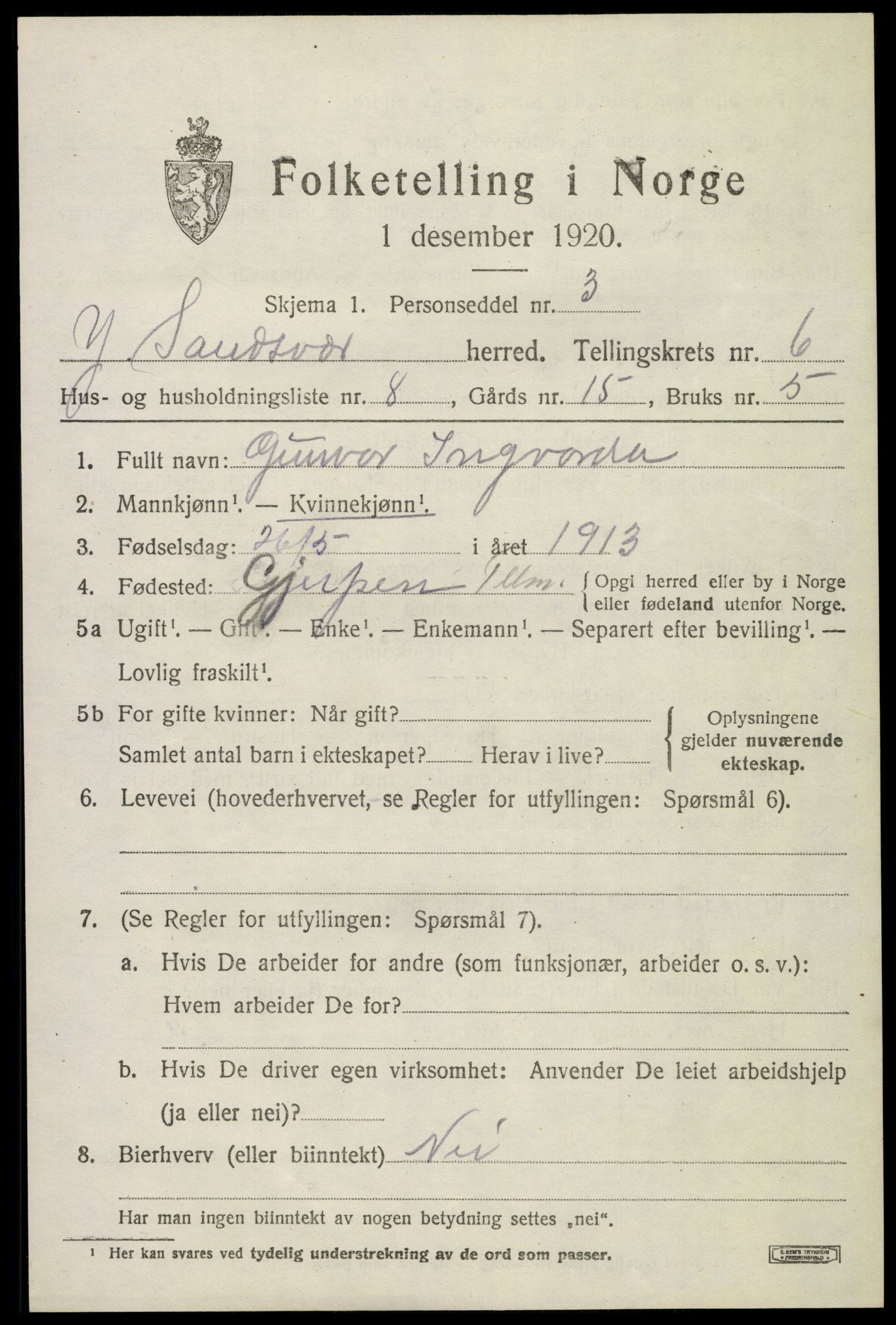 SAKO, 1920 census for Ytre Sandsvær, 1920, p. 4746