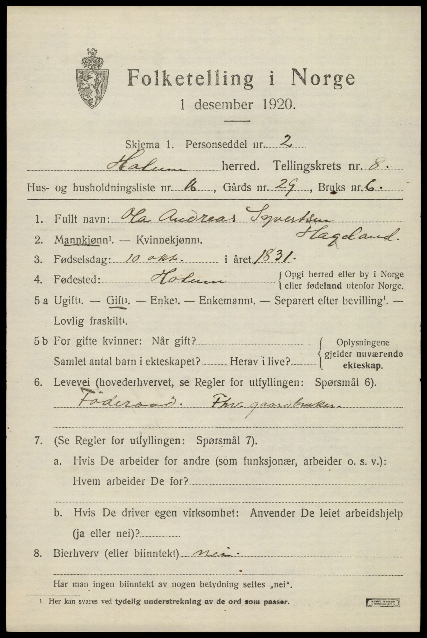 SAK, 1920 census for Holum, 1920, p. 2639