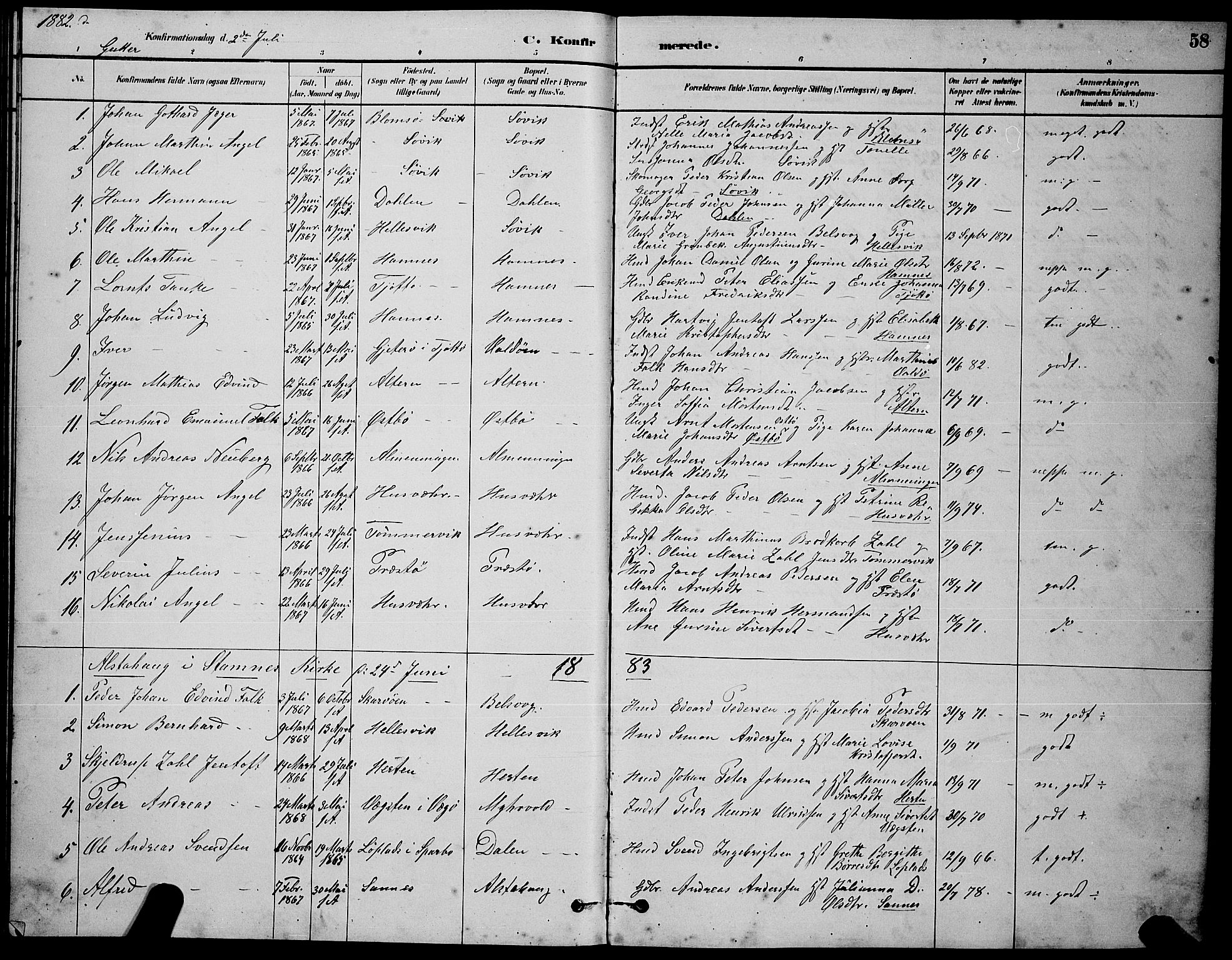 Ministerialprotokoller, klokkerbøker og fødselsregistre - Nordland, SAT/A-1459/830/L0462: Parish register (copy) no. 830C04, 1882-1895, p. 58
