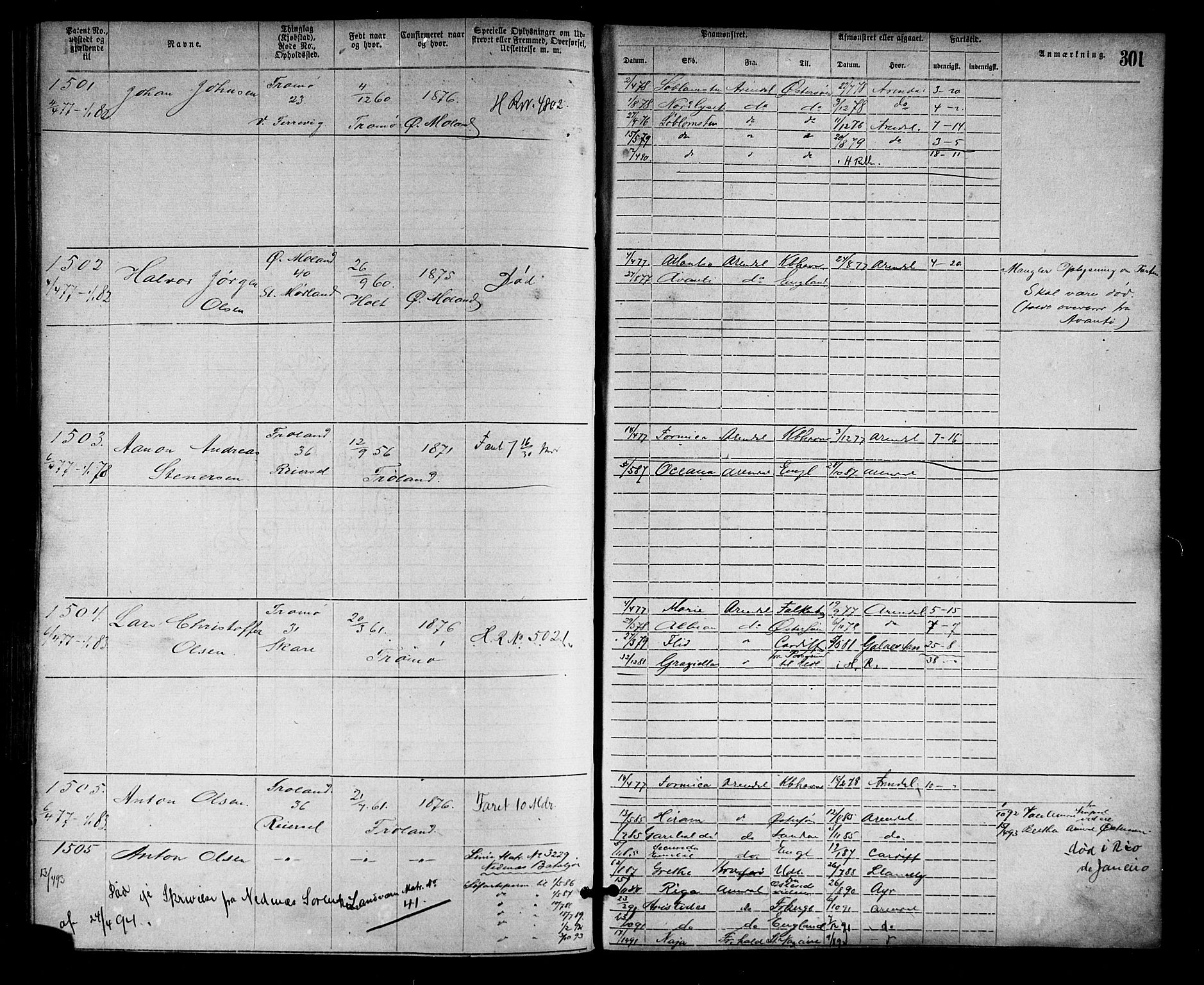 Arendal mønstringskrets, SAK/2031-0012/F/Fa/L0002: Annotasjonsrulle nr 1-1910 med register, S-2, 1868-1880, p. 334