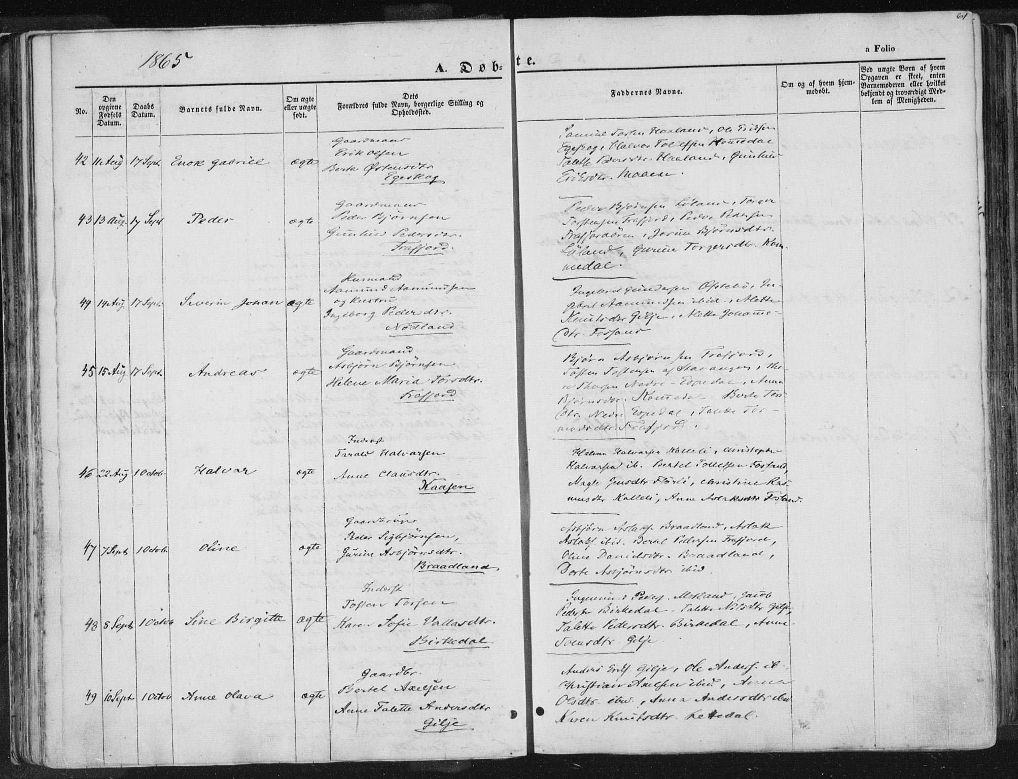 Høgsfjord sokneprestkontor, AV/SAST-A-101624/H/Ha/Haa/L0001: Parish register (official) no. A 1, 1854-1875, p. 61