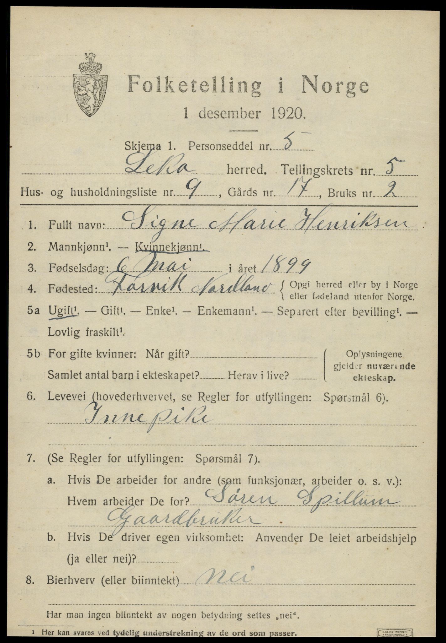 SAT, 1920 census for Leka, 1920, p. 2197