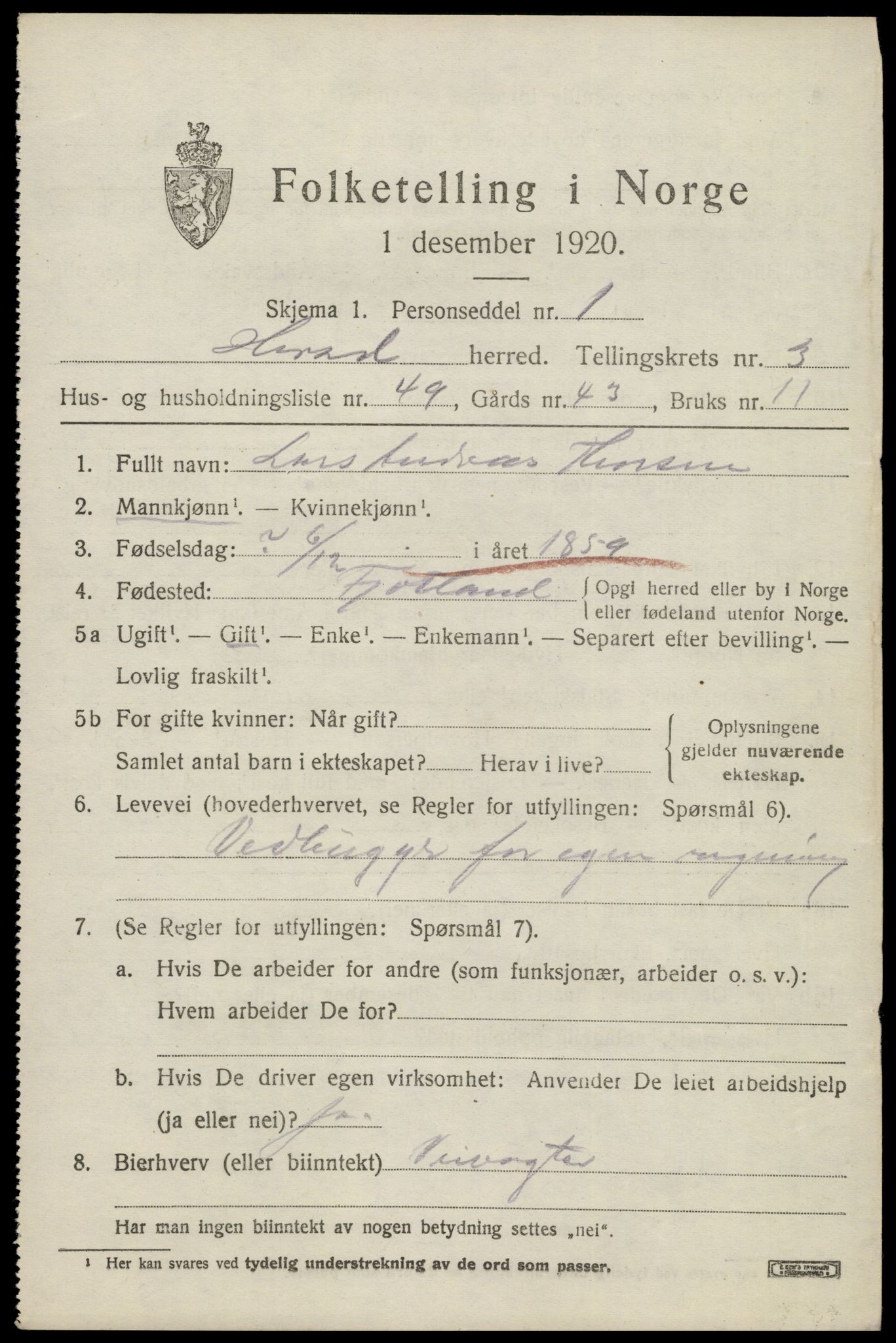 SAK, 1920 census for Herad, 1920, p. 1718