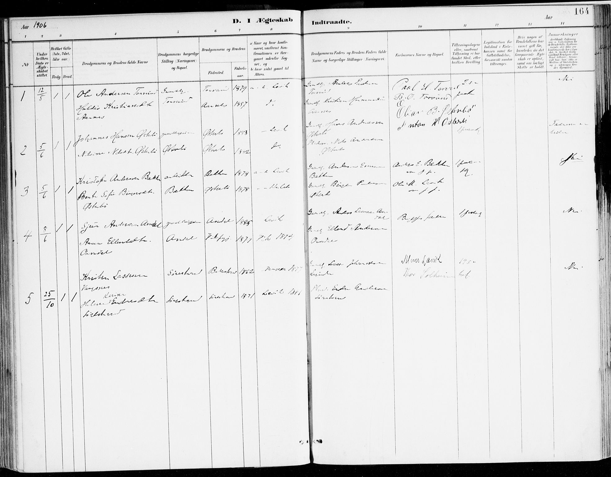 Lavik sokneprestembete, AV/SAB-A-80901: Parish register (official) no. B 1, 1882-1908, p. 164