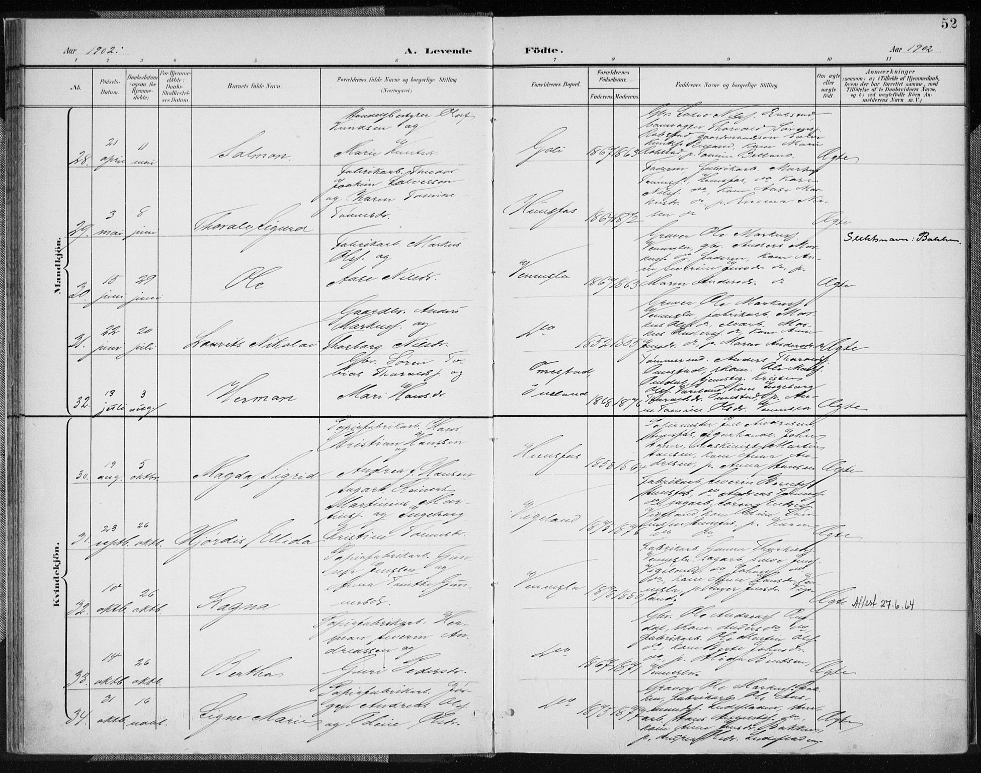 Vennesla sokneprestkontor, AV/SAK-1111-0045/Fa/Fab/L0005: Parish register (official) no. A 5, 1897-1909, p. 52