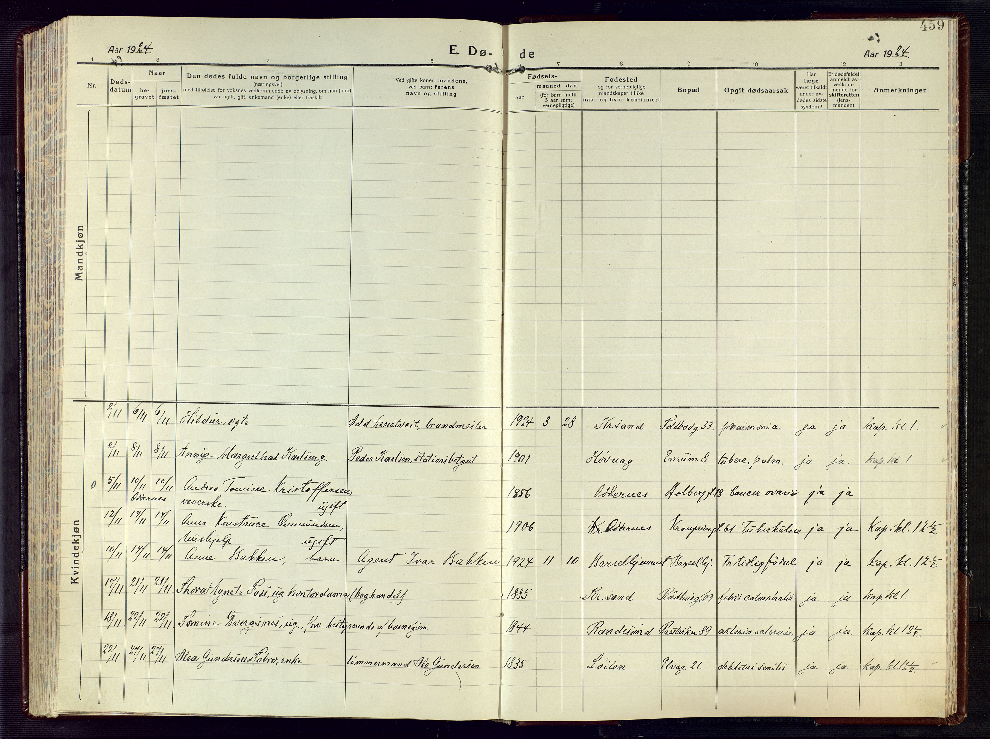 Kristiansand domprosti, AV/SAK-1112-0006/F/Fa/L0028: Parish register (official) no. A 27, 1917-1926, p. 459