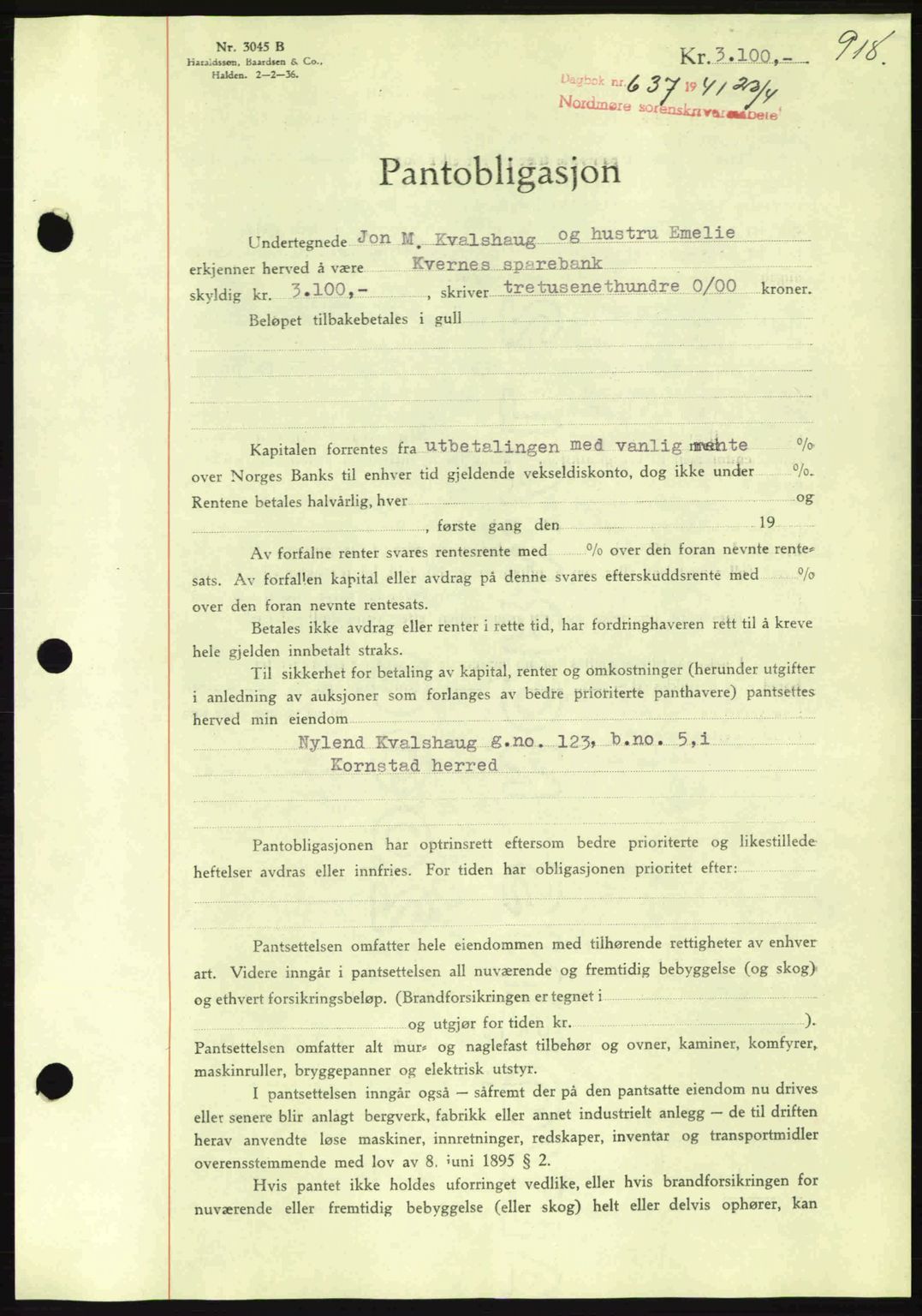 Nordmøre sorenskriveri, AV/SAT-A-4132/1/2/2Ca: Mortgage book no. B87, 1940-1941, Diary no: : 637/1941