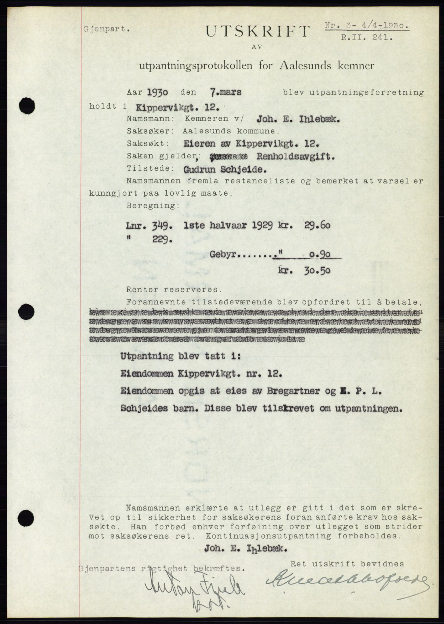 Ålesund byfogd, AV/SAT-A-4384: Mortgage book no. 26, 1930-1930, Deed date: 04.04.1930