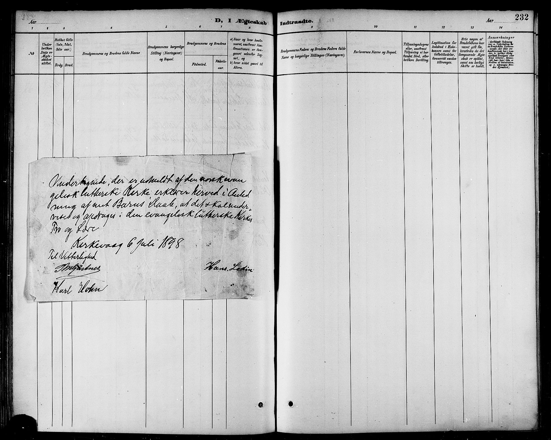 Ministerialprotokoller, klokkerbøker og fødselsregistre - Nordland, AV/SAT-A-1459/874/L1060: Parish register (official) no. 874A04, 1890-1899, p. 232