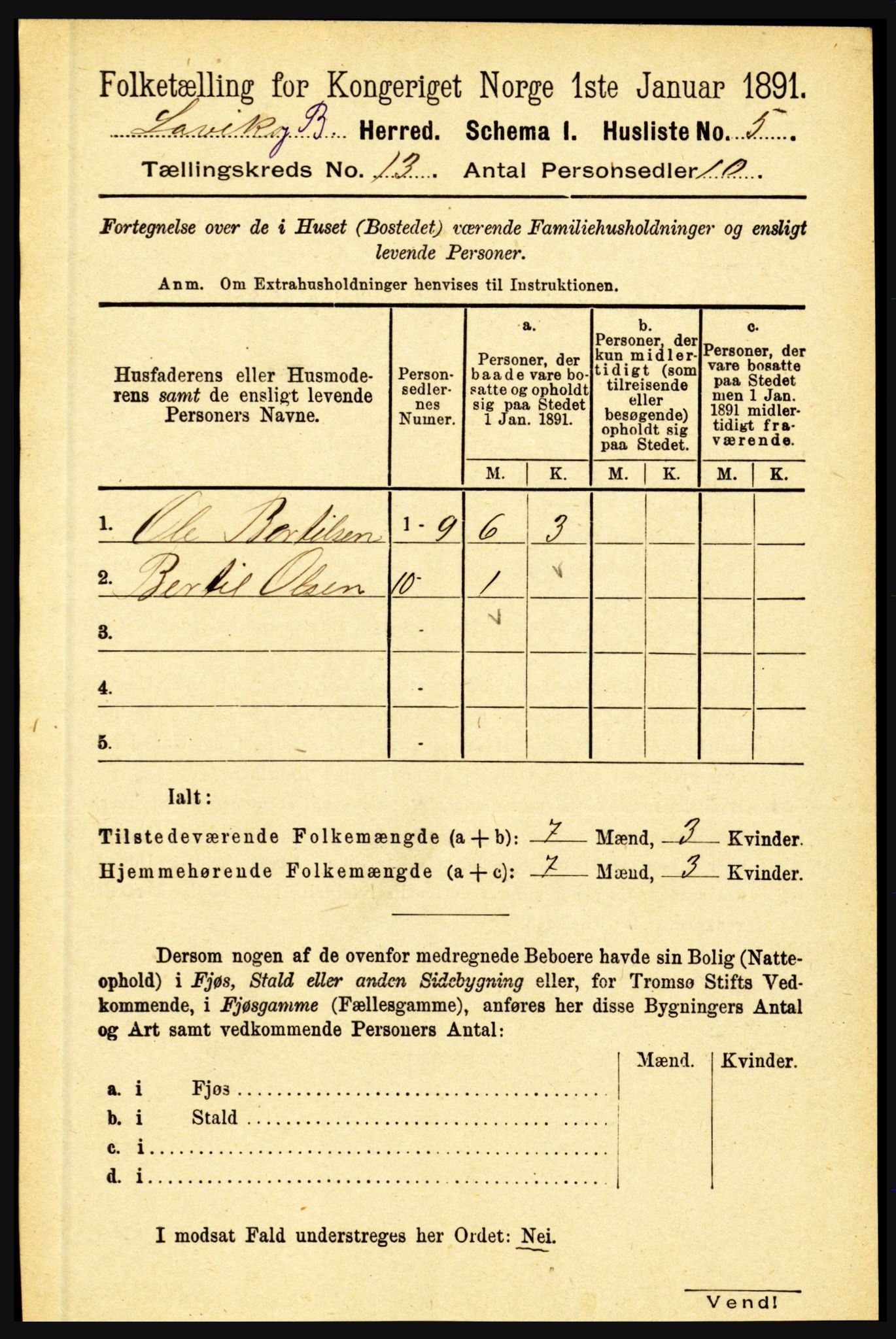 RA, 1891 census for 1415 Lavik og Brekke, 1891, p. 2496