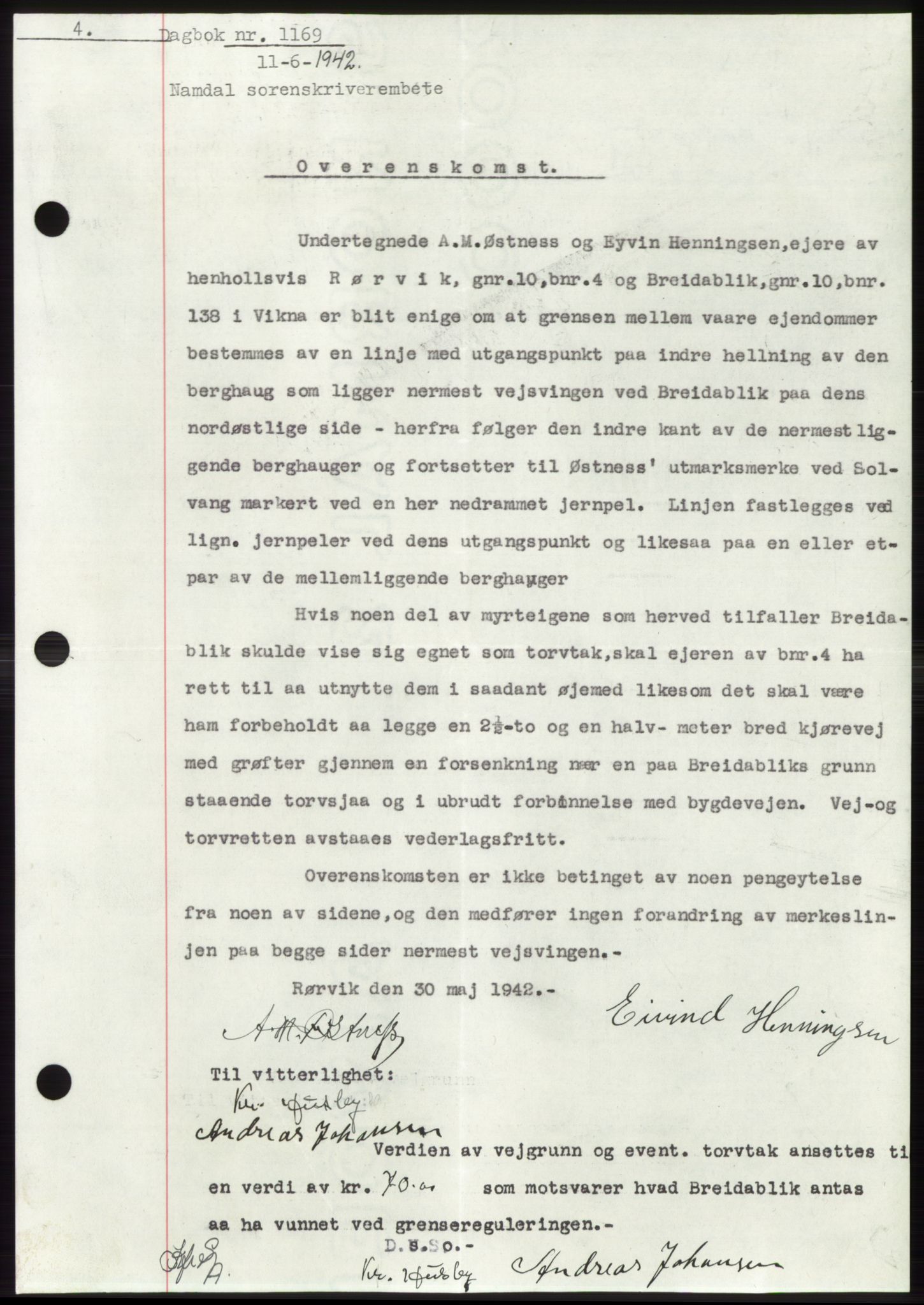 Namdal sorenskriveri, SAT/A-4133/1/2/2C: Mortgage book no. -, 1941-1942, Diary no: : 1169/1942
