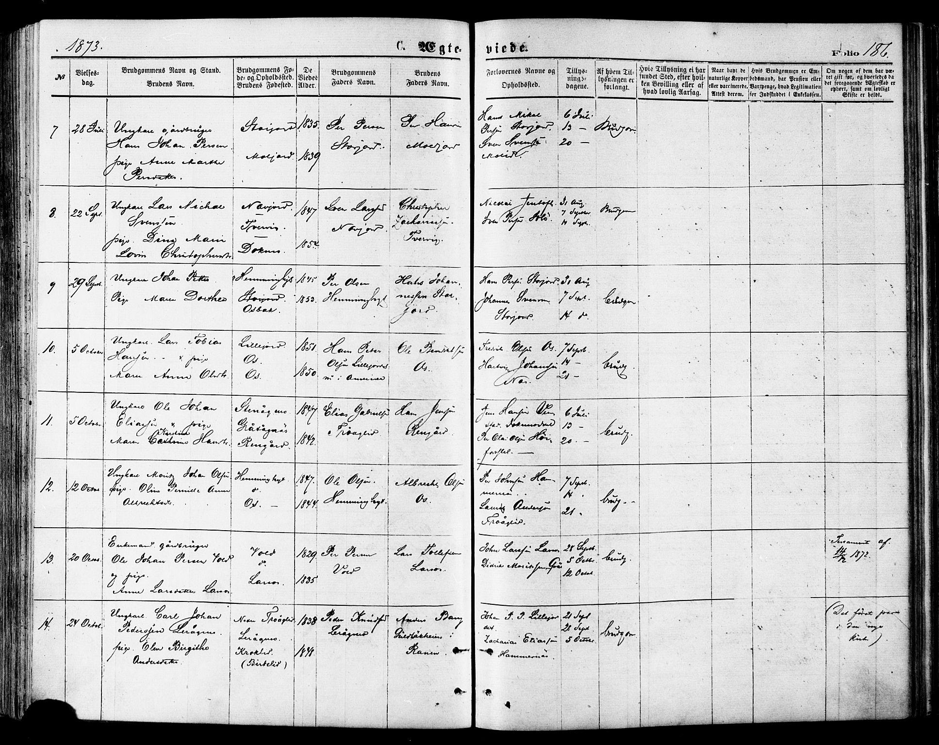 Ministerialprotokoller, klokkerbøker og fødselsregistre - Nordland, SAT/A-1459/846/L0645: Parish register (official) no. 846A03, 1872-1886, p. 186