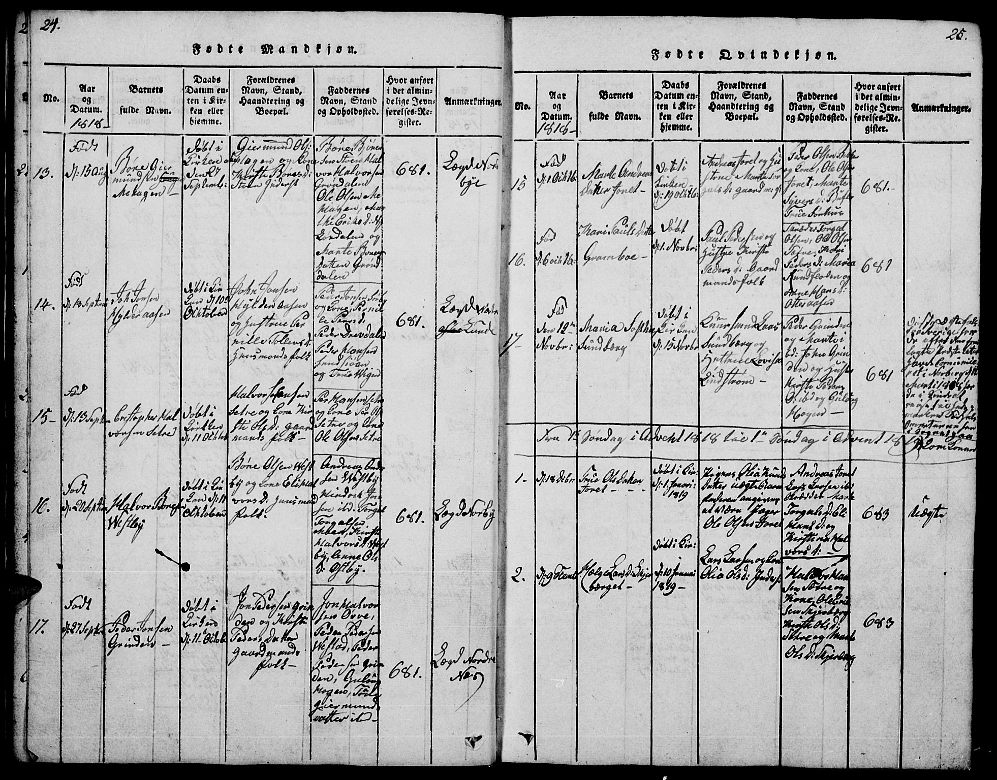 Trysil prestekontor, SAH/PREST-046/H/Ha/Hab/L0004: Parish register (copy) no. 4, 1814-1841, p. 24-25