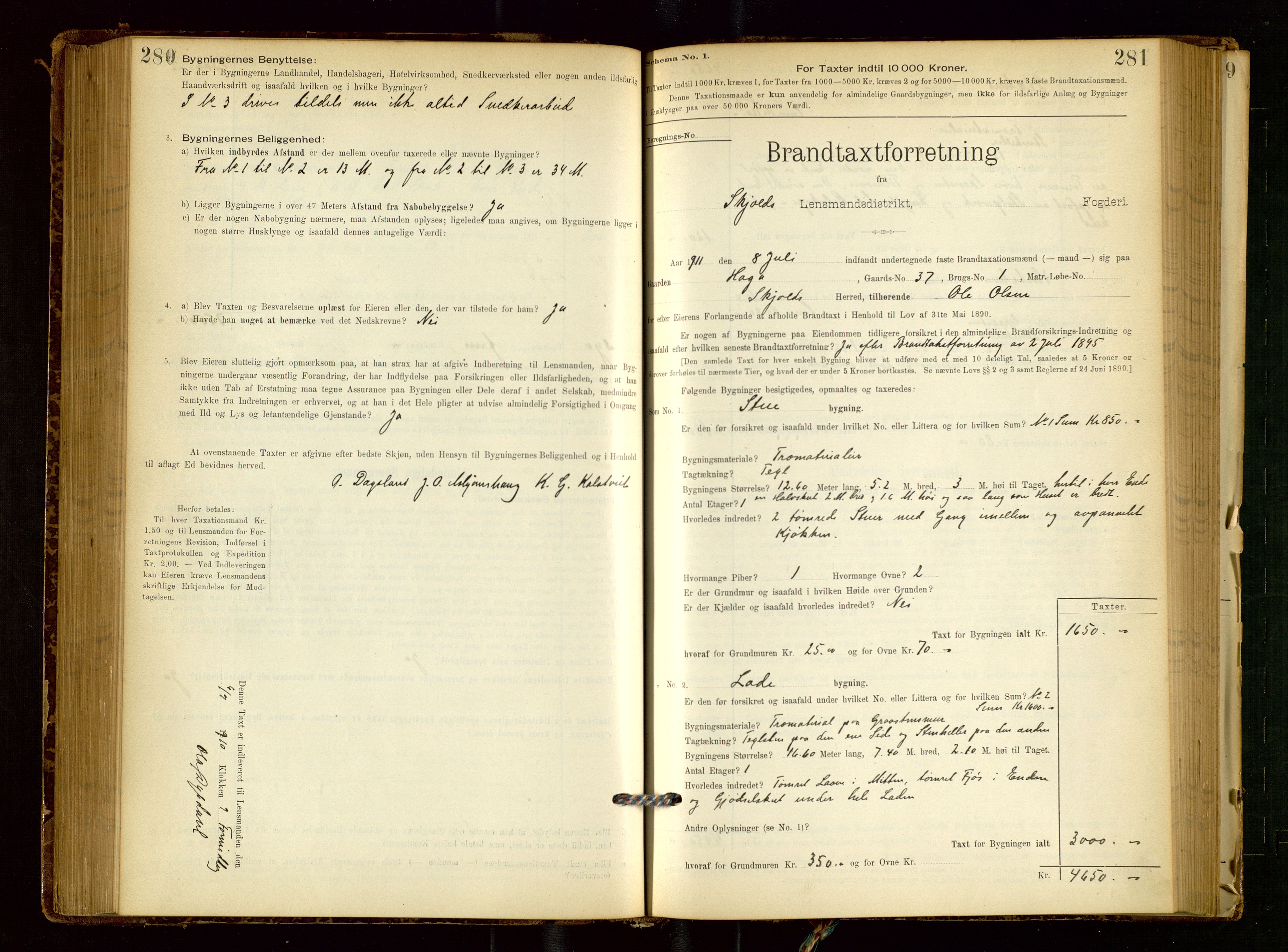 Skjold lensmannskontor, AV/SAST-A-100182/Gob/L0001: "Brandtaxationsprotokol for Skjold Lensmandsdistrikt Ryfylke Fogderi", 1894-1939, p. 280-281