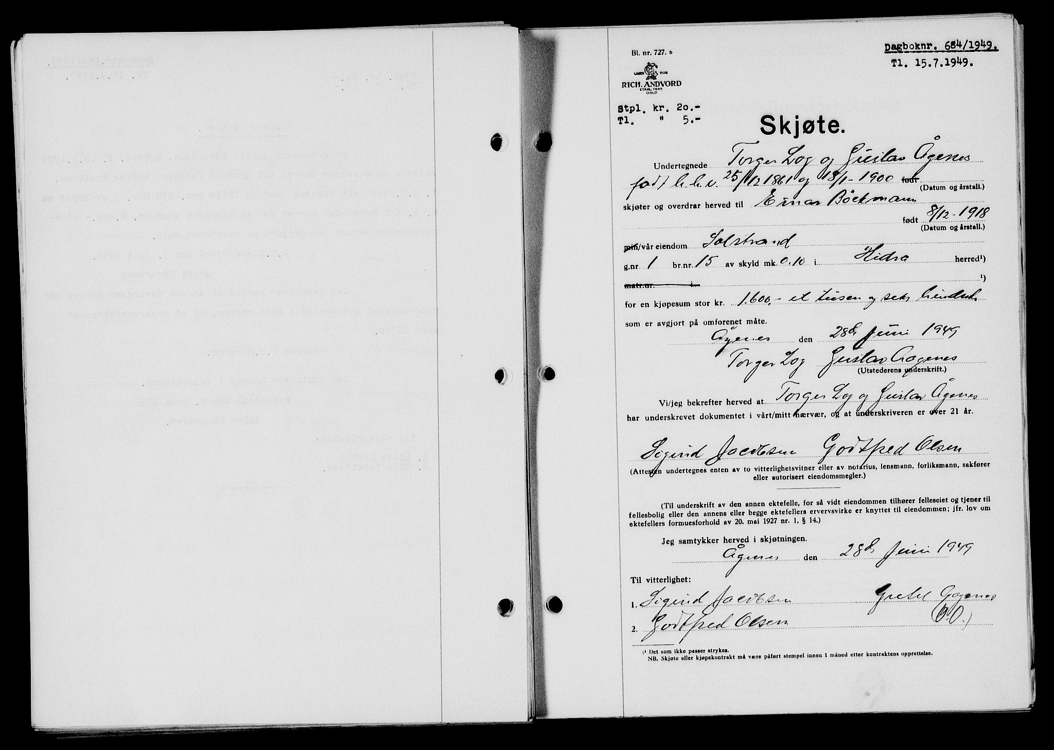 Flekkefjord sorenskriveri, SAK/1221-0001/G/Gb/Gba/L0065: Mortgage book no. A-13, 1949-1949, Diary no: : 684/1949