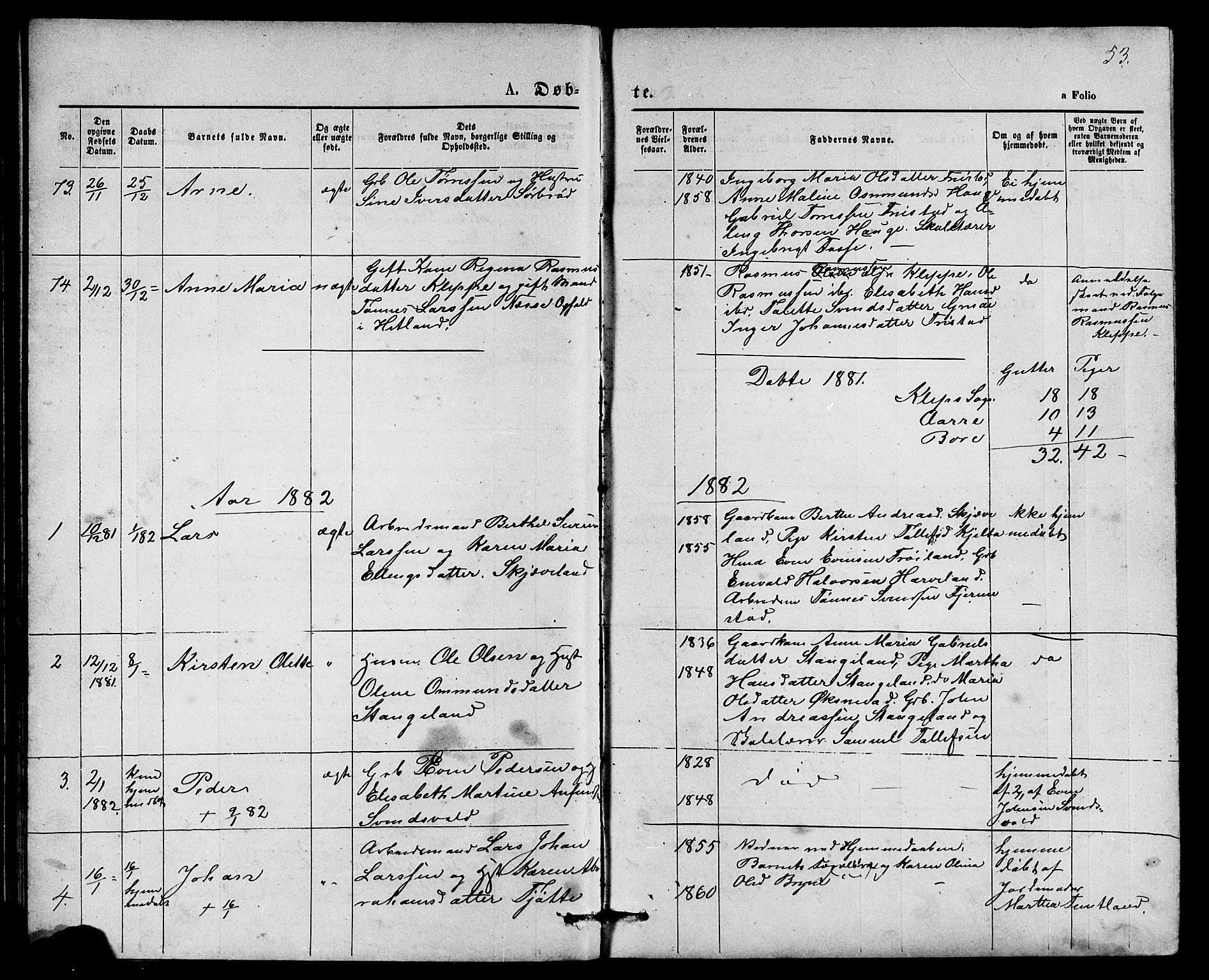Klepp sokneprestkontor, AV/SAST-A-101803/001/3/30BB/L0003: Parish register (copy) no. B 3, 1876-1888, p. 53